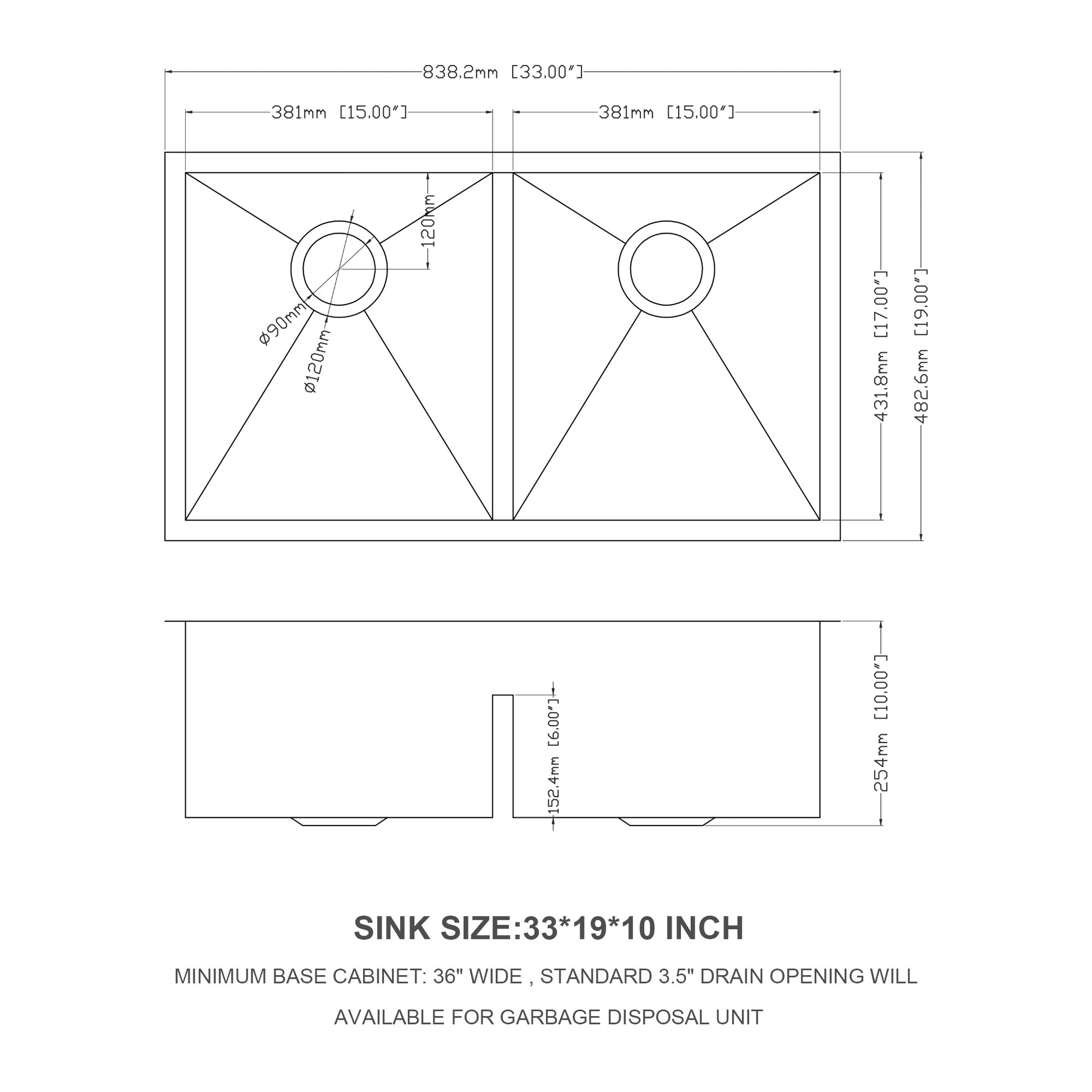 Double Bowl 50 50 Undermount Sink 33"X19" Double Bowl Kitchen Sink 16 Gauge With Two 10" Deep Basin Brushed Nickel Stainless Steel