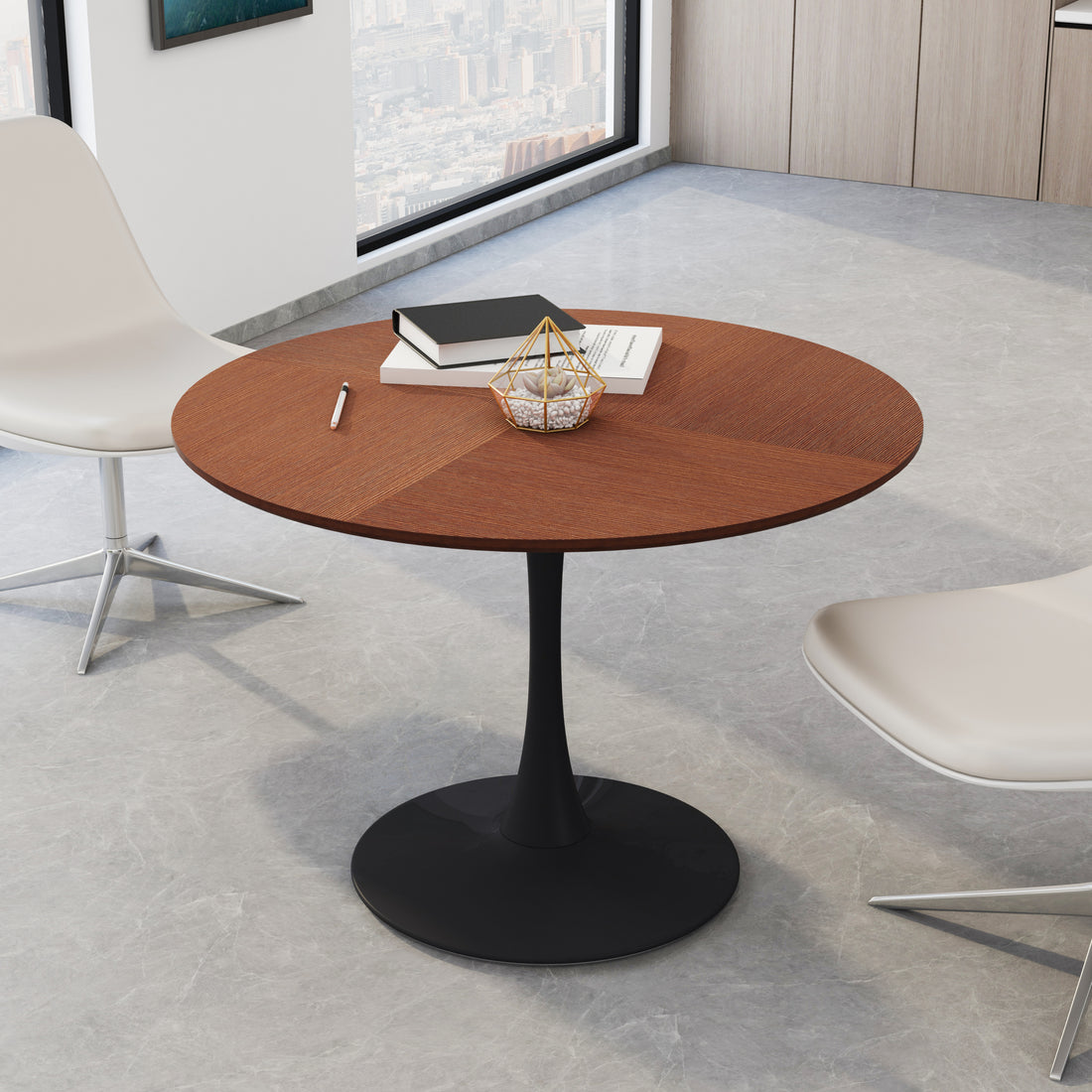 42"Modern Round Dining Table With Printed Oak Color Grain Table Top,Metal Base Dining Table, End Table Leisure Coffee Table Oak Mdf