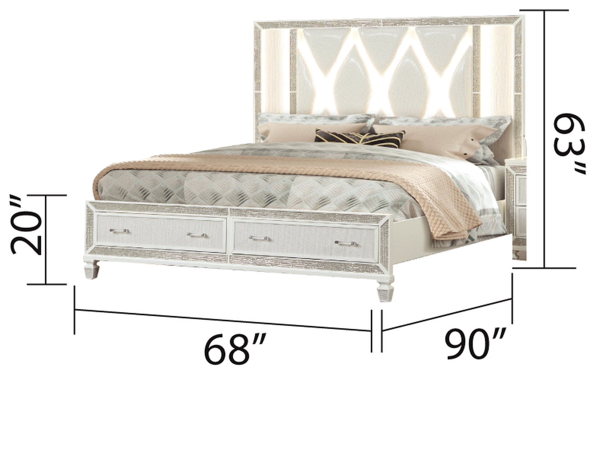 Crystal Queen 5 Pc Storage Wood Bedroom Set Finished In White Box Spring Not Required Queen White Wood 5 Piece Set Bedroom Bed Included,Chest Included,Dresser Included,Mirror Included,Nightstand Included Contemporary,Modern Built In Lighting Wood