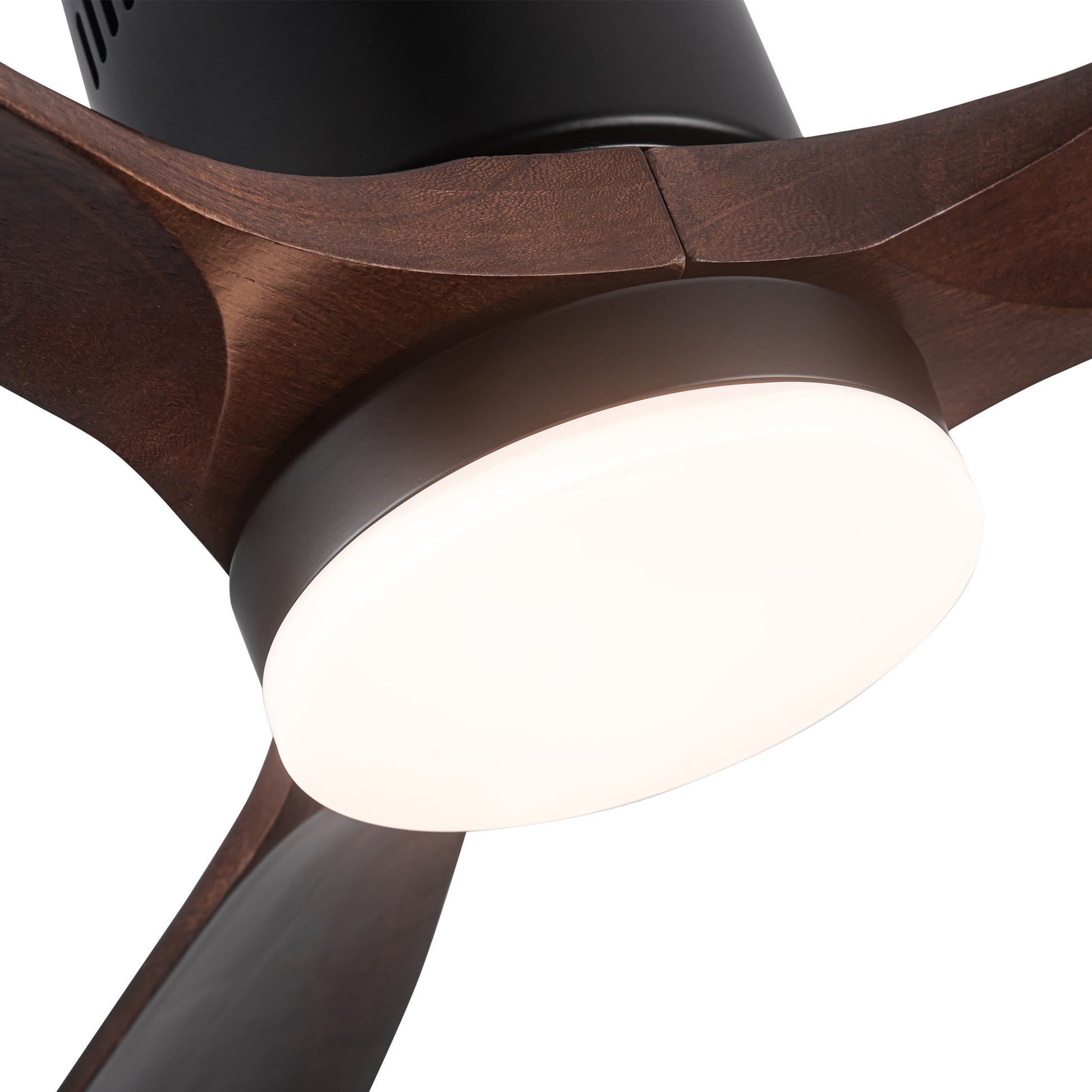 Flush Mount Ceiling Fan With Integrated Led Light In Solid Wood Blades Antique Brown Solid Wood