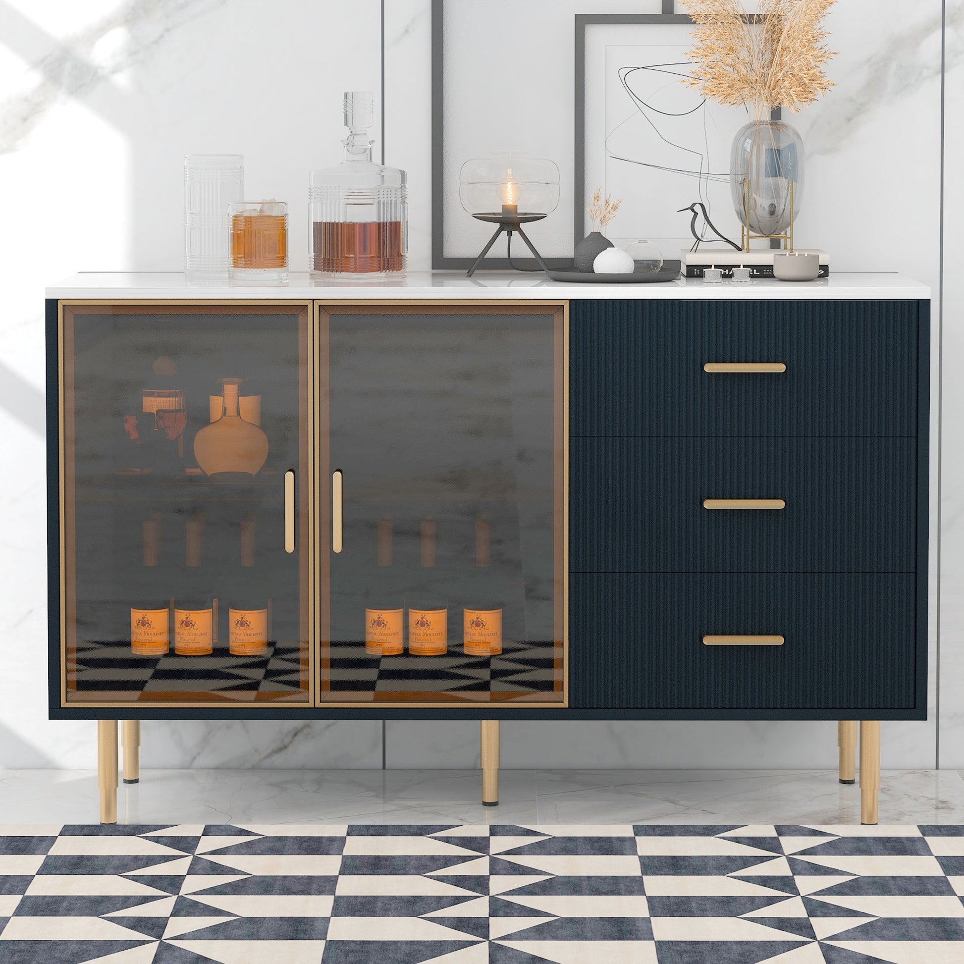 Modern Sideboard MDF Buffet Cabinet Marble navy blue-mdf+glass