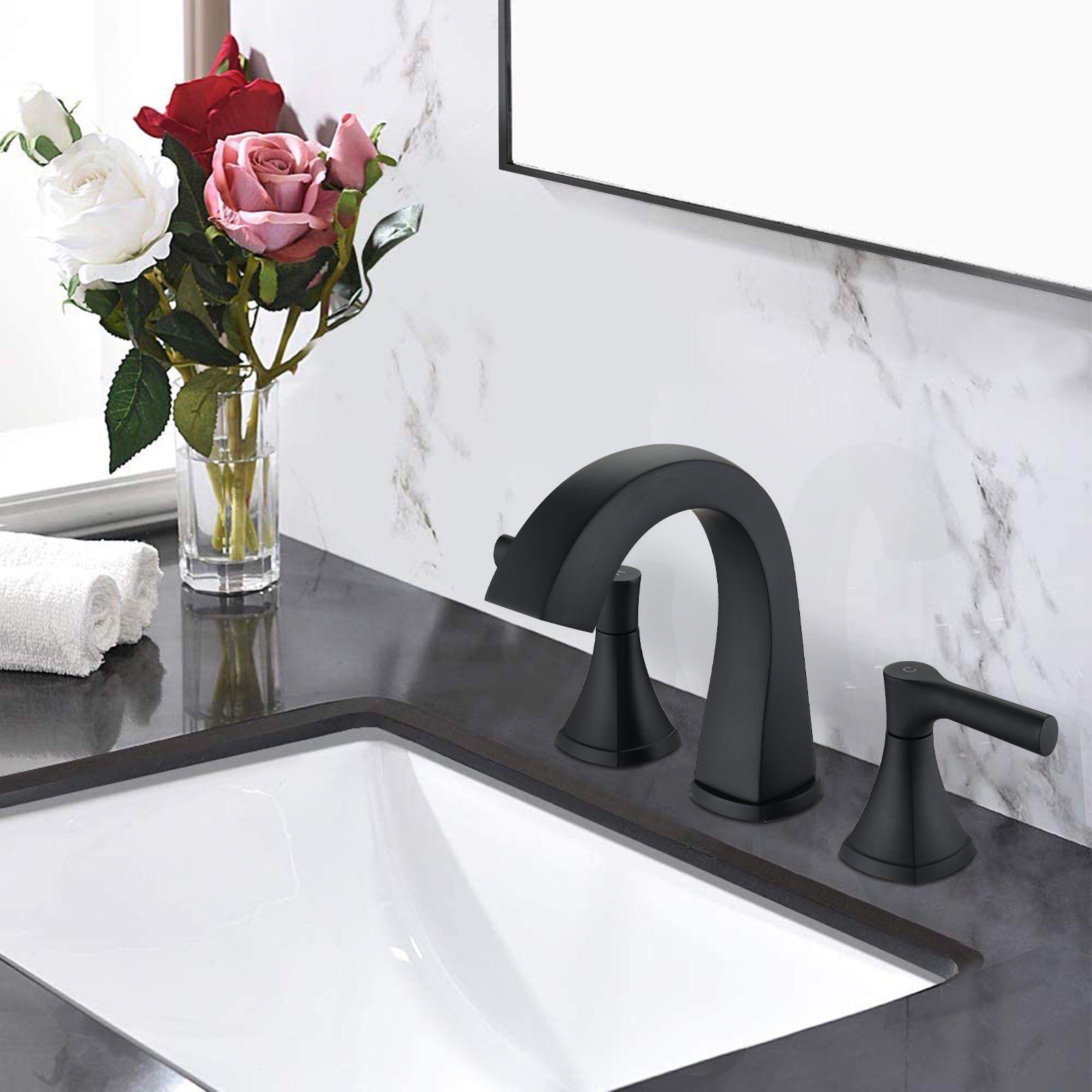 Widespread Bathroom Sink Faucets Two Handle 3 Hole Vanity Bath Faucet With Drain Assembly Matte Black Matte Black Stainless Steel