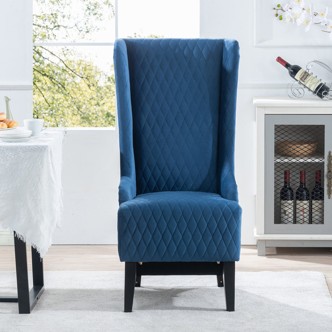23.03''Wide High Back Velvet Accent Chair, Comfy High Wingback Chair, Living Room Chair With Soft Padded & Wooden Legs, Modern Side Chair For Living Room, Bedroom, Blue Blue Foam Fabric