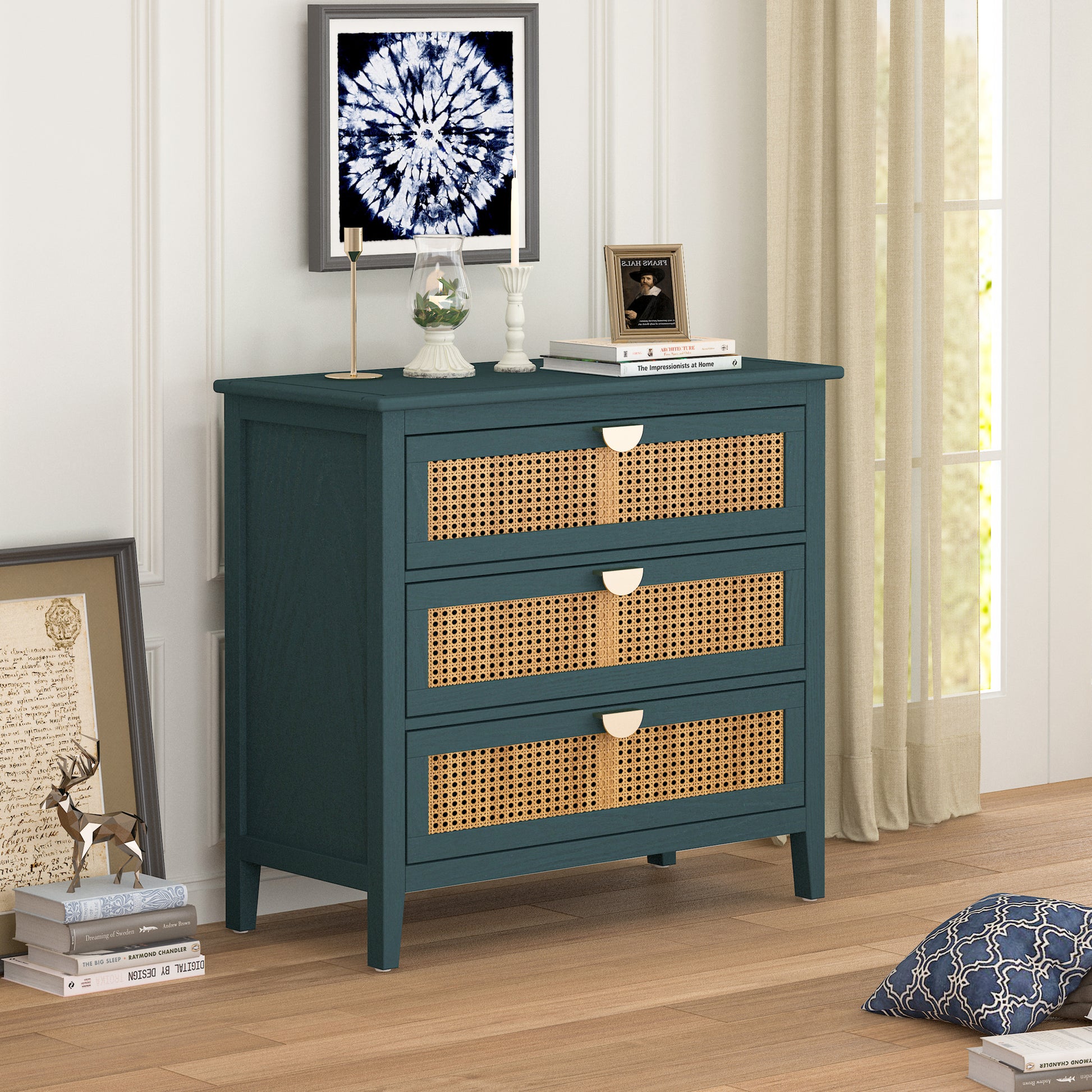 3 Drawer Cabinet,Natural Rattan,American Furniture,Suitable For Bedroom, Living Room, Study Green Mdf