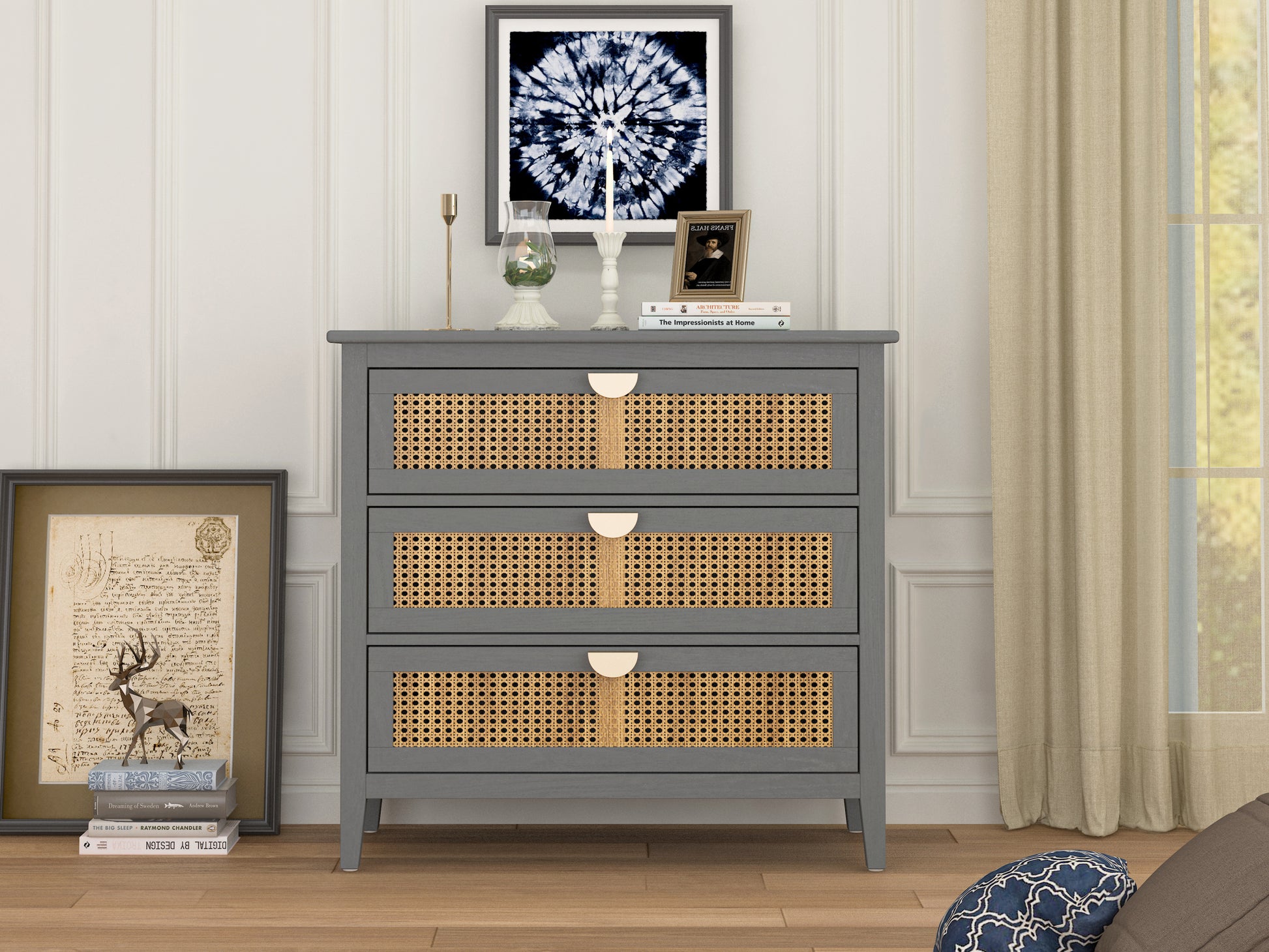 3 Drawer Cabinet,Natural Rattan,American Furniture,Suitable For Bedroom, Living Room, Study Gray Mdf