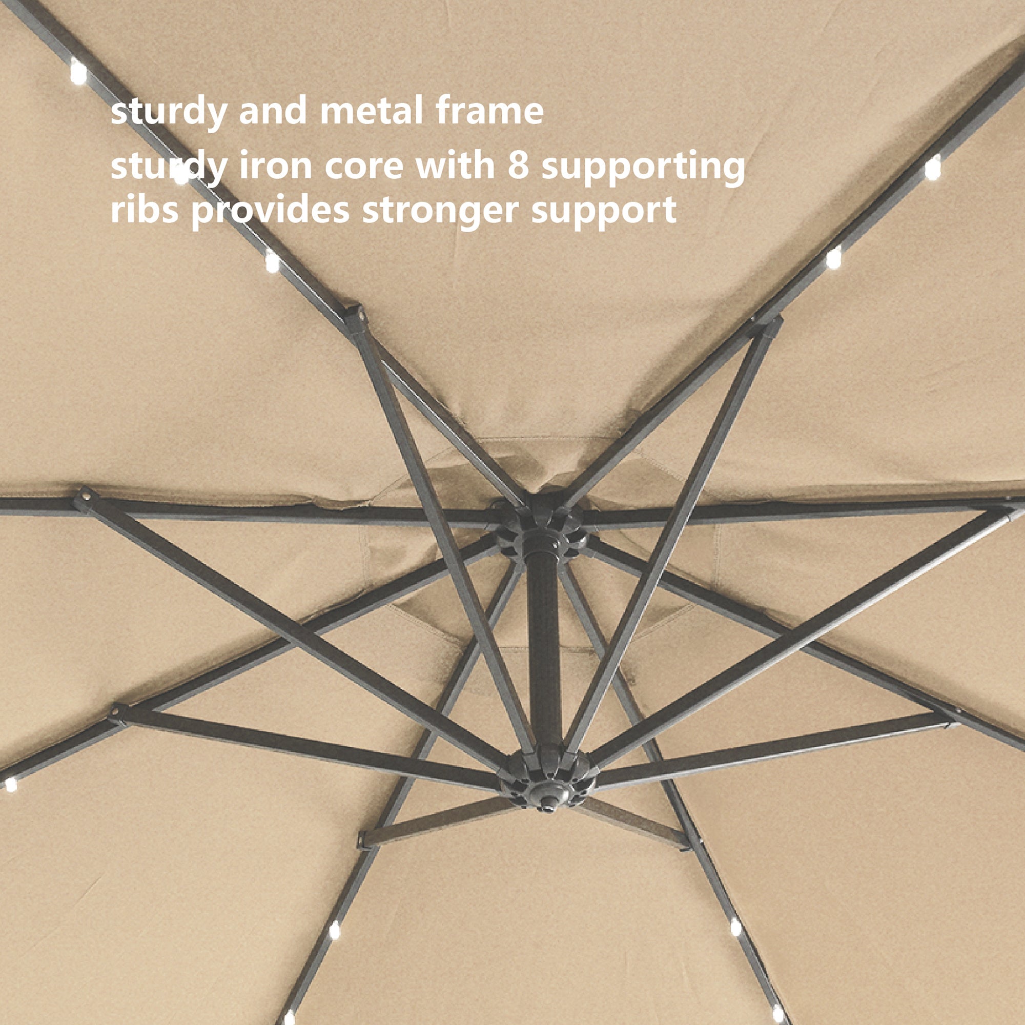 10 FT Solar LED Patio Outdoor Umbrella Hanging tan-metal