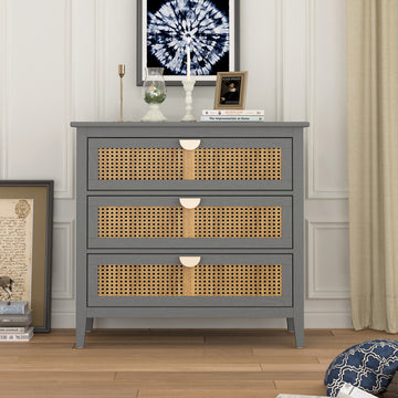 3 Drawer Cabinet,Natural Rattan,American Furniture,Suitable For Bedroom, Living Room, Study Gray Mdf