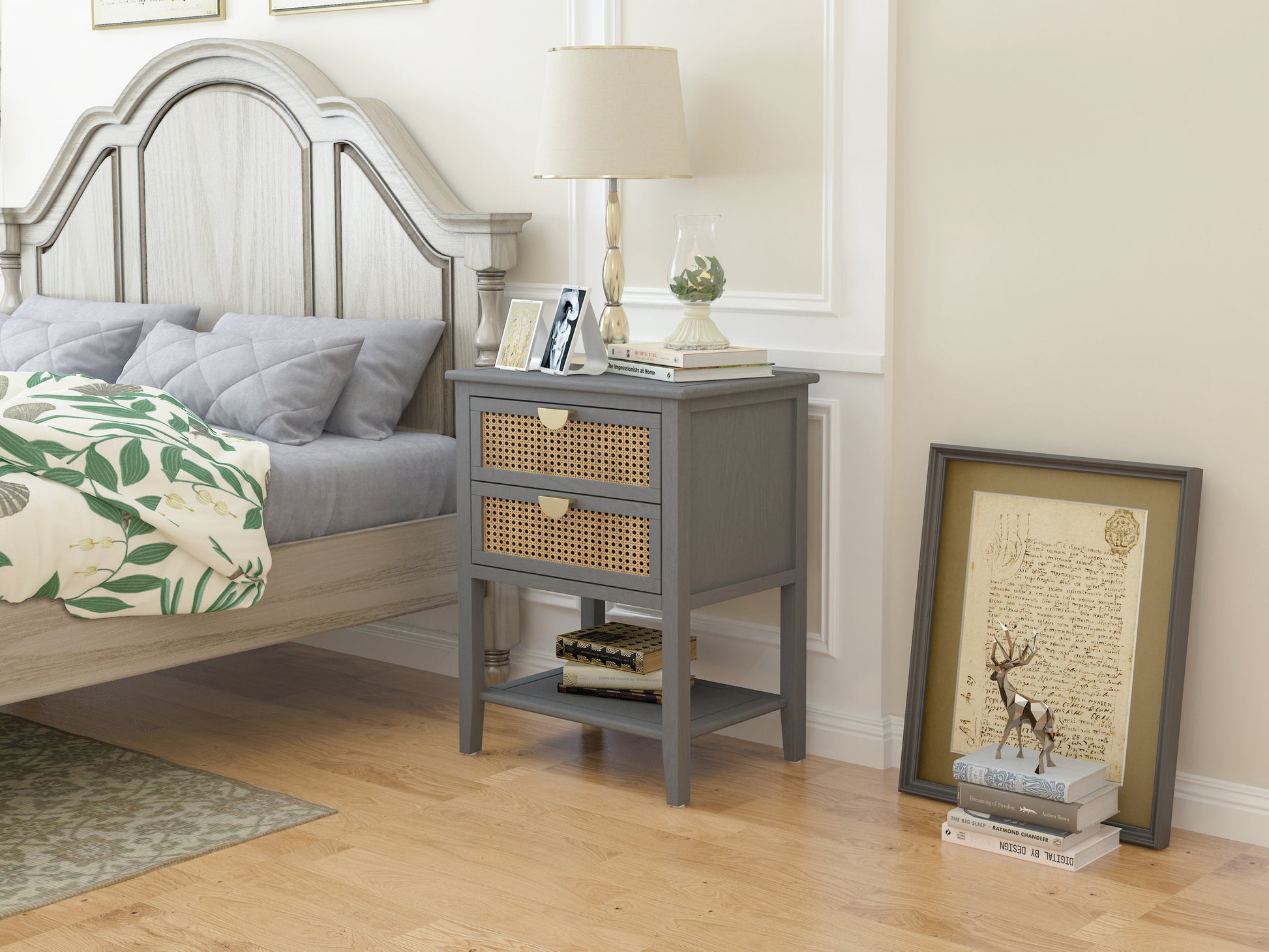 2 Drawer Side Table,Naturel Rattan,End Table,Suitable For Bedroom, Living Room, Study Gray Mdf