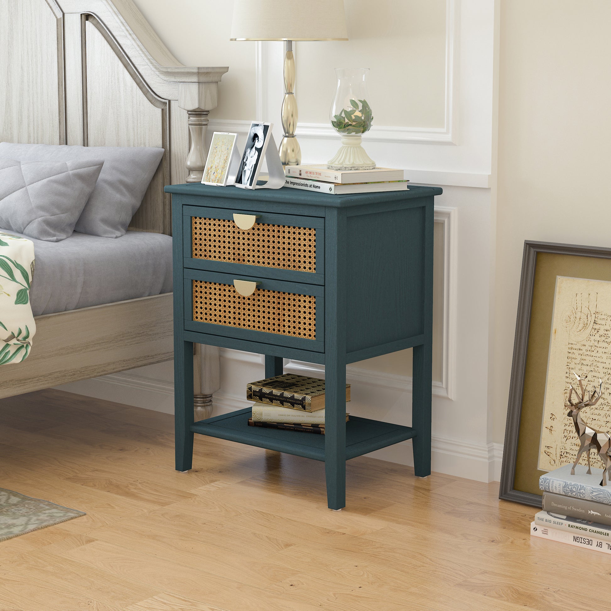 2 Drawer Side Table,Naturel Rattan,End Table,Suitable For Bedroom, Living Room, Study Green Mdf