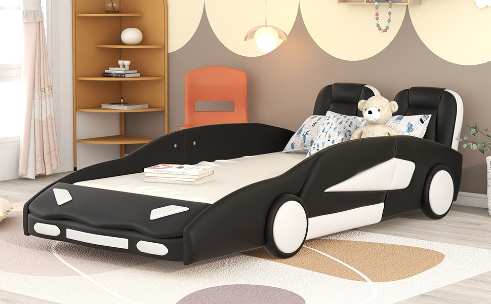 Twin Size Race Car Shaped Platform Bed with Wheels black-pine