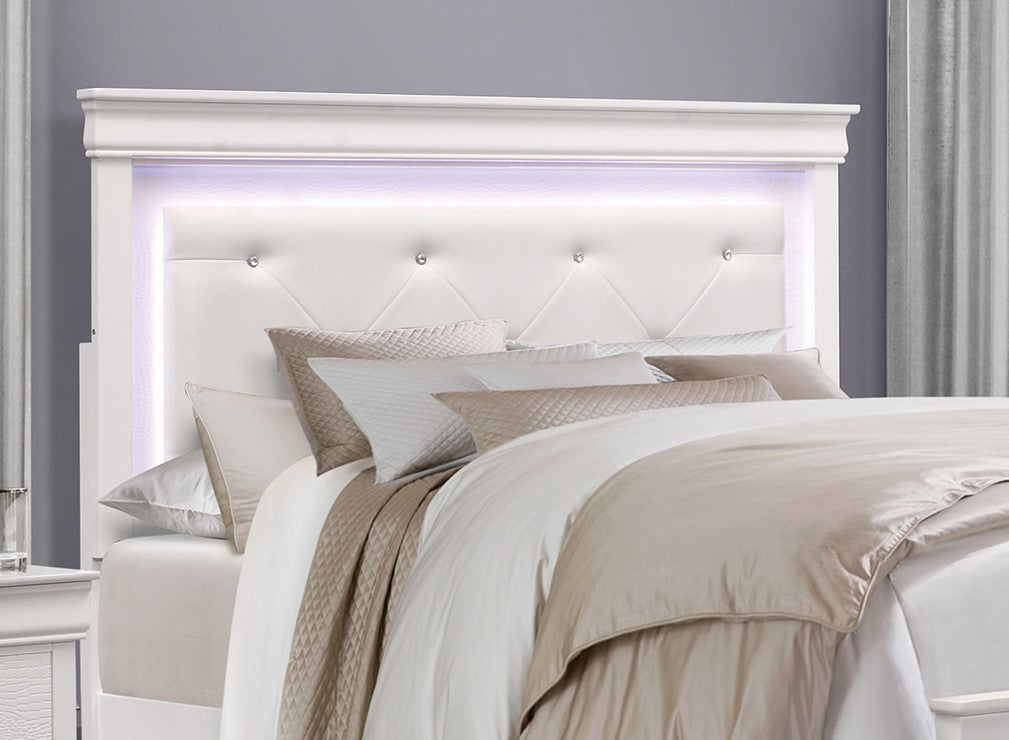 Traditional Design White Finish 1Pc Queen Size Bed Button Tufted Upholstered Led Headboard Faux Alligator Embossed Panels Box Spring Required Queen White Bedroom Traditional Wood