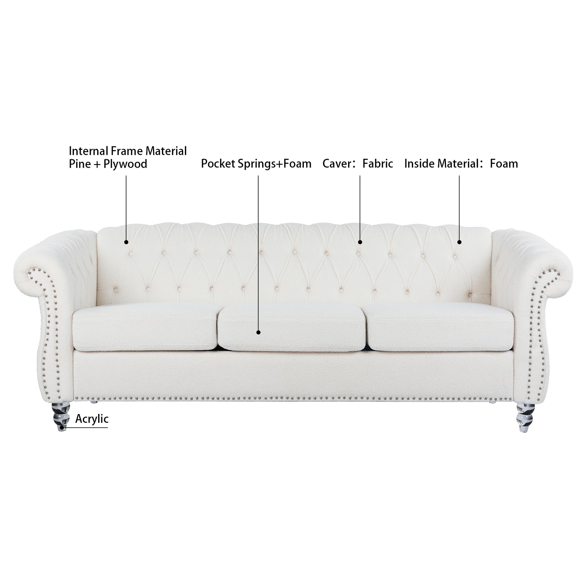 84.65" Rolled Arm Chesterfield 3 Seater Sofa White Polyester 3 Seat