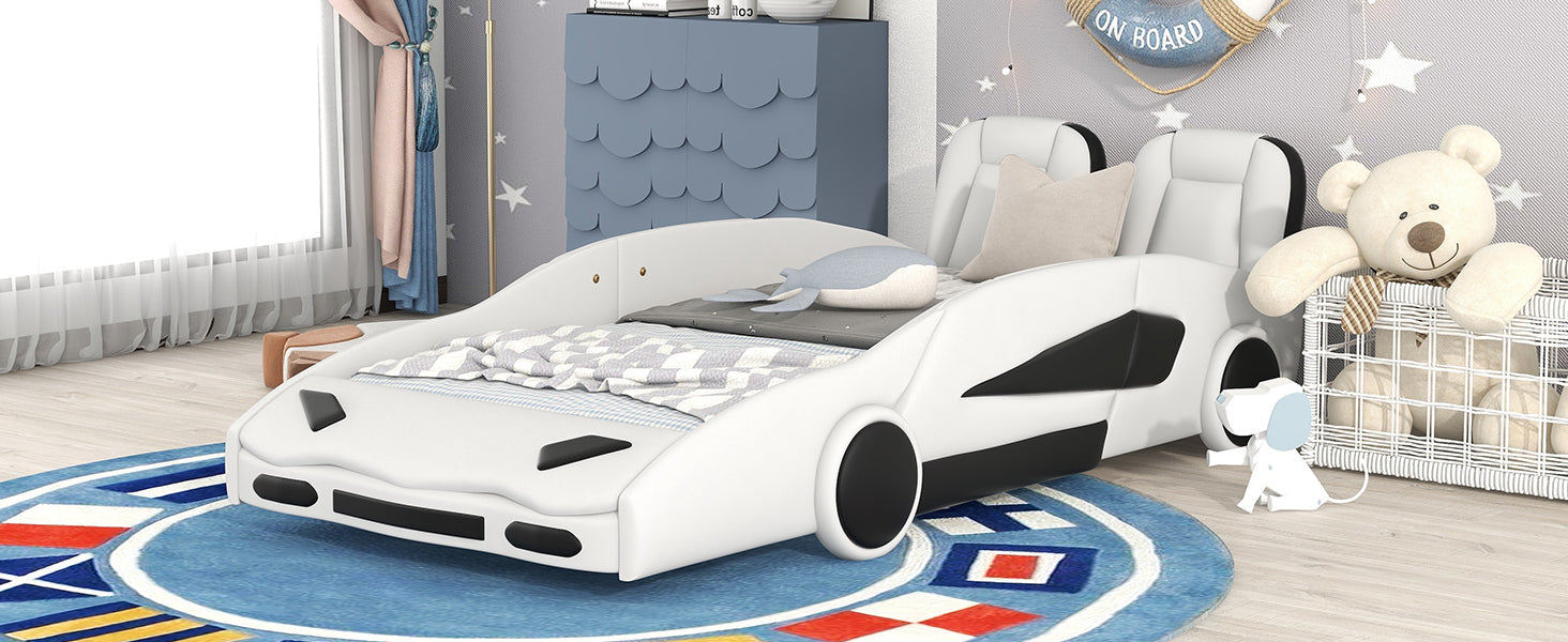 Twin Size Race Car Shaped Platform Bed with Wheels white-pine