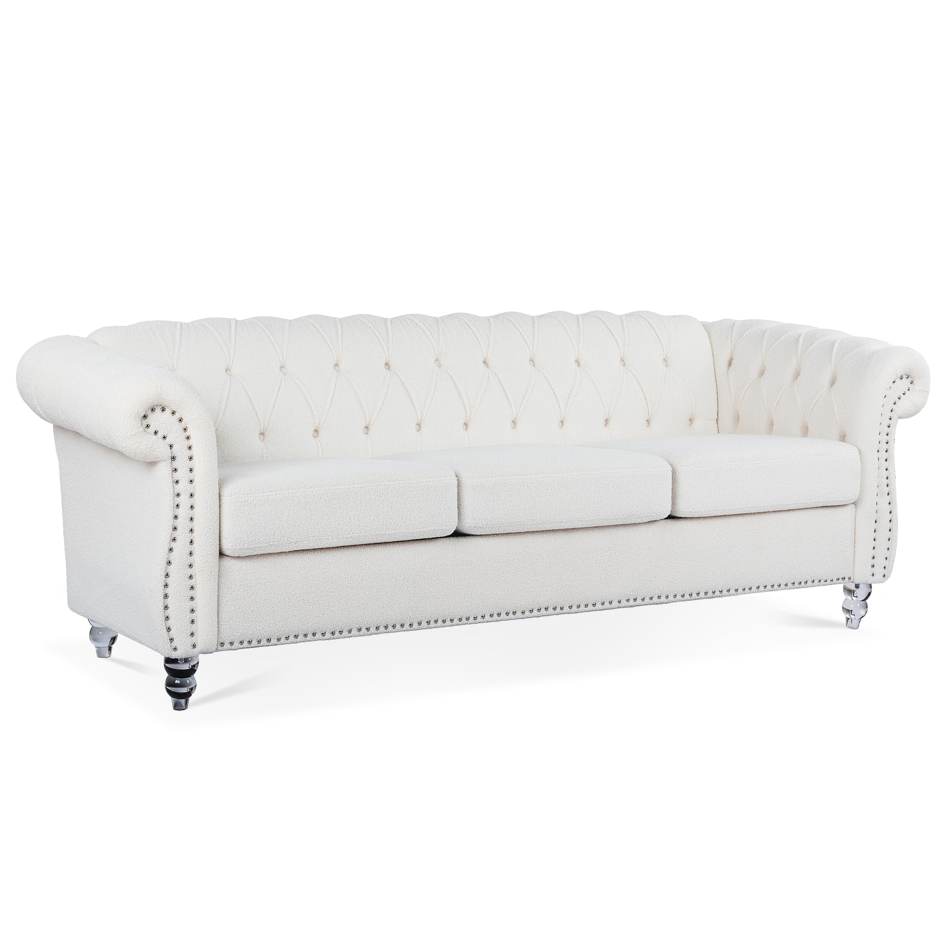 84.65" Rolled Arm Chesterfield 3 Seater Sofa White Polyester 3 Seat