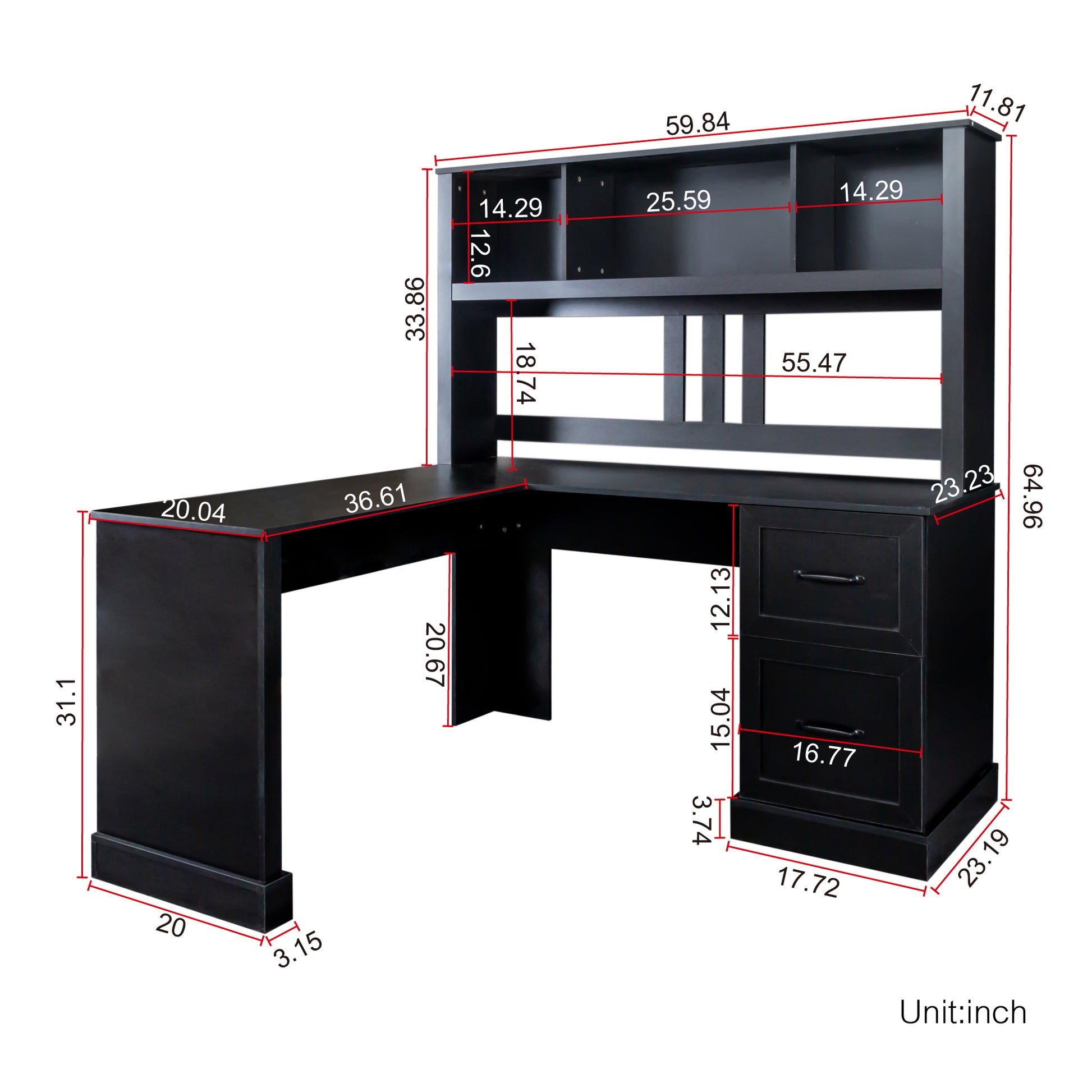 Home Office Computer Desk With Hutch, Antiqued Black Finish Black Mdf