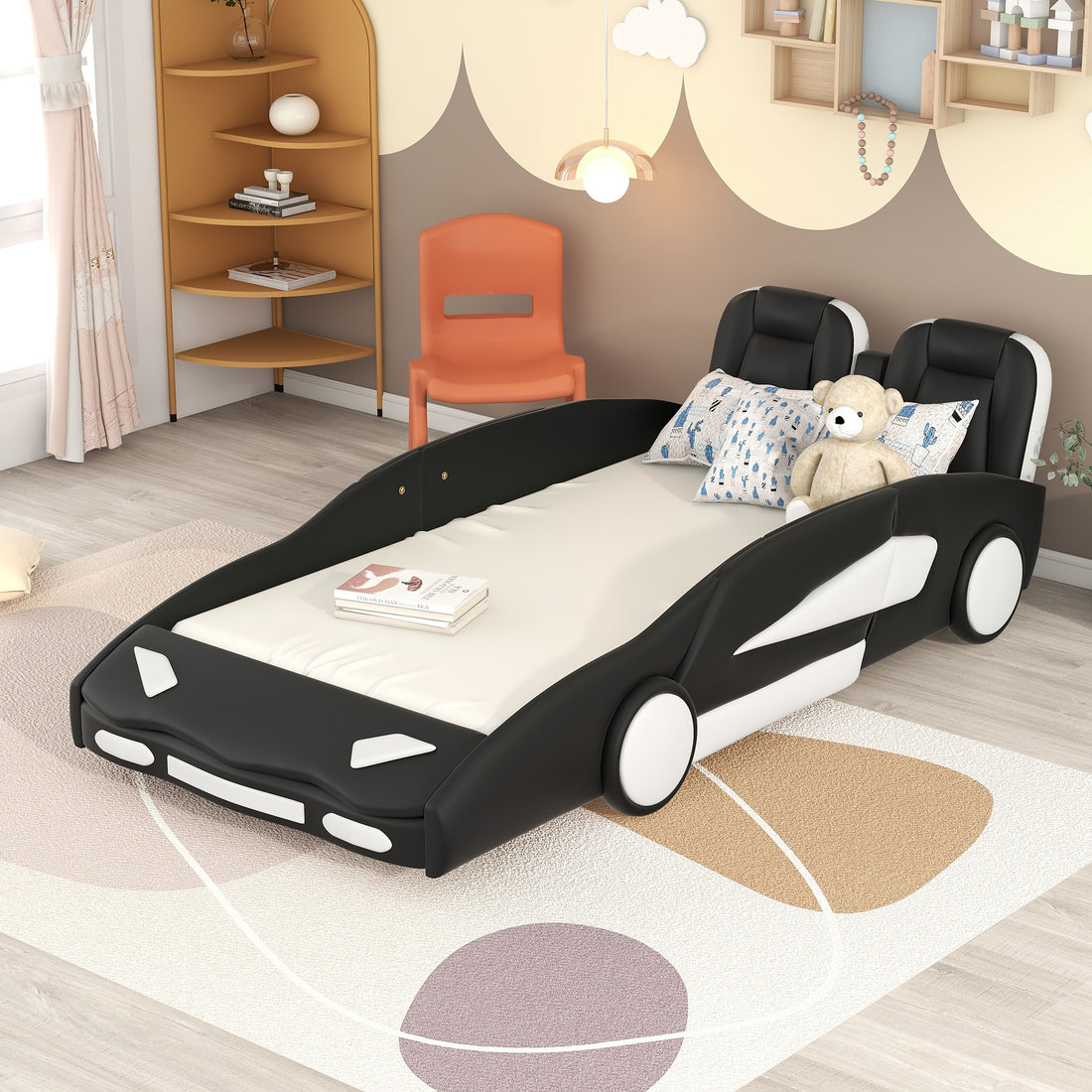 Twin Size Race Car Shaped Platform Bed With Wheels, Black Black Pine