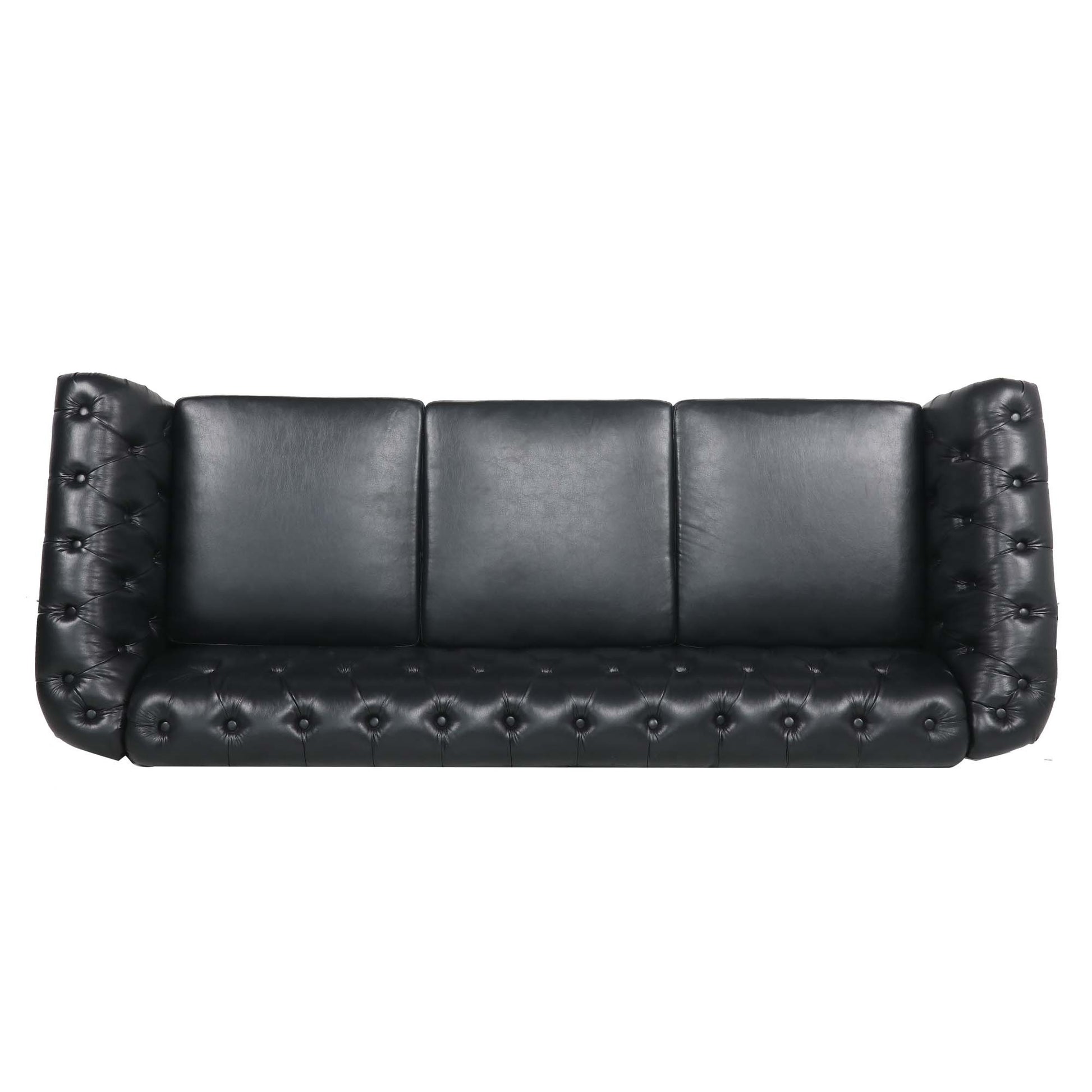 84.65" Black Pu Rolled Arm Chesterfield Three Seater Sofa. Black Foam Pu