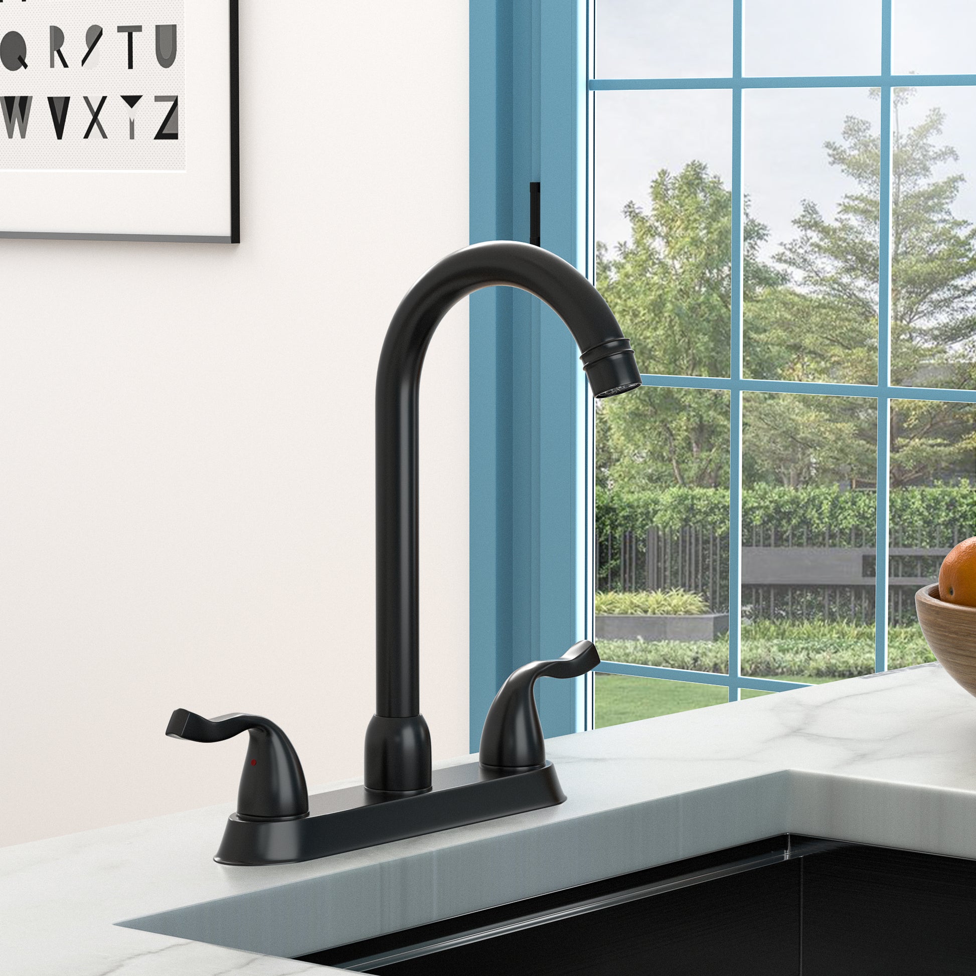 Kitchen Sink Faucet With 2 Handles, 3 Hole Installation, Matte Black Matte Black Stainless Steel