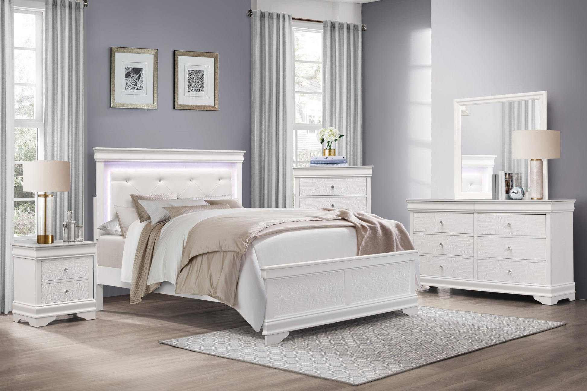 Traditional Design Bedroom Furniture 1Pc Dresser Of 6X Drawers Faux Alligator Embossed Fronts White Finish Wooden Furniture White 5 Drawers & Above Bedroom Traditional White Wood
