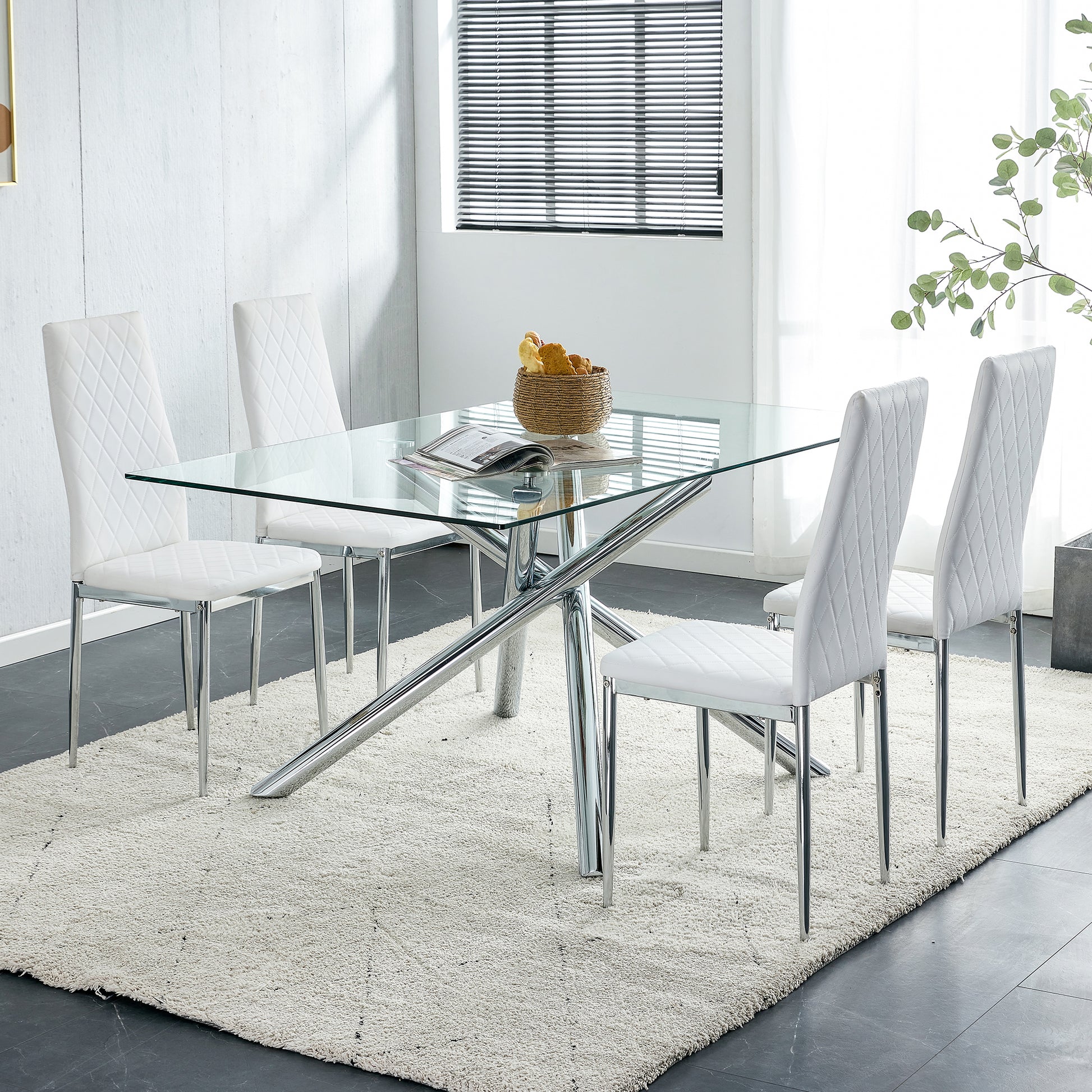 Grid Armless High Backrest Dining Chair, 8 Piece Set Of Silver Metal Legs White Chair, Office Chair. Suitable For Restaurants, Living Rooms, Kitchens, And Offices. 0924 White Pu