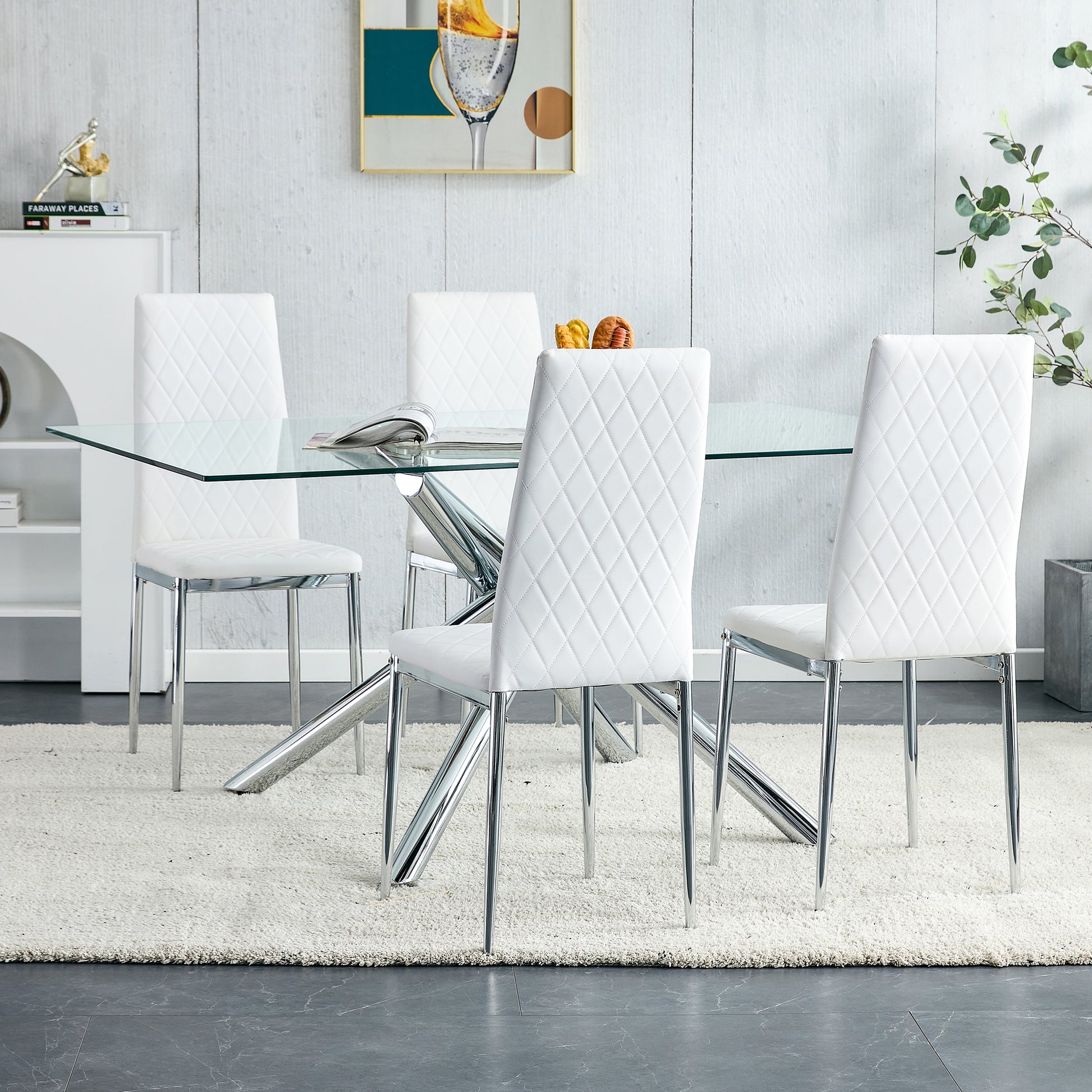 Grid Armless High Backrest Dining Chair, 8 Piece Set Of Silver Metal Legs White Chair, Office Chair. Suitable For Restaurants, Living Rooms, Kitchens, And Offices. 0924 White Pu