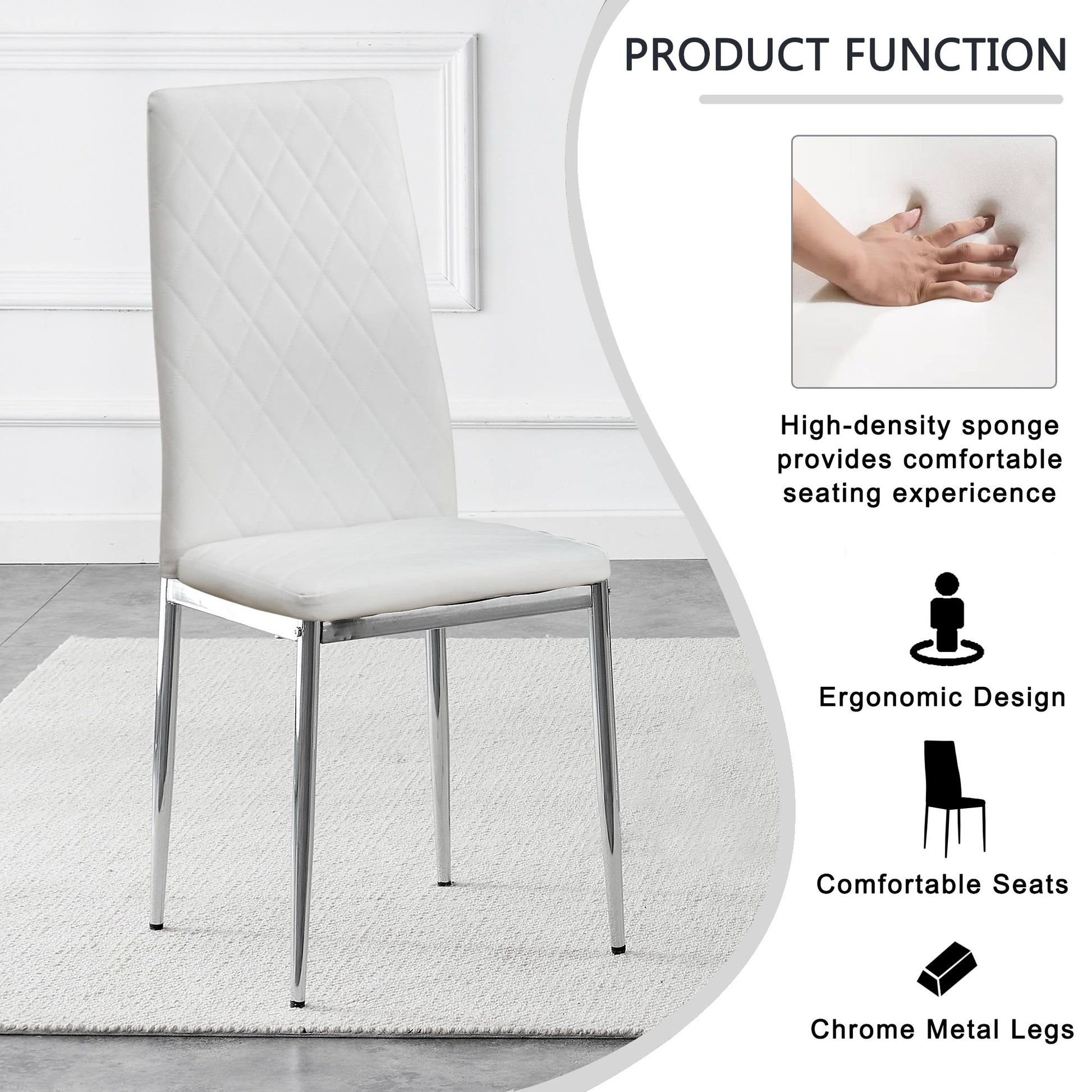 Grid Armless High Backrest Dining Chair, 8 Piece Set Of Silver Metal Legs White Chair, Office Chair. Suitable For Restaurants, Living Rooms, Kitchens, And Offices. 0924 White Pu