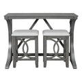 Farmhouse 3 Piece Counter Height Dining Table Set With Usb Port And Upholstered Stools,Gray Gray Wood Dining Room Solid Wood Rubberwood Rectangular Wood Wood Gray Seats 2 Farmhouse Trestle Foam Solid Wood