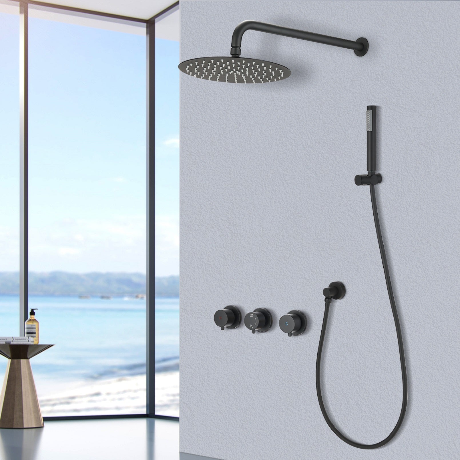 Contemporary Matte Black Wall Mounted Bathroom Shower Set Matte Black Brass