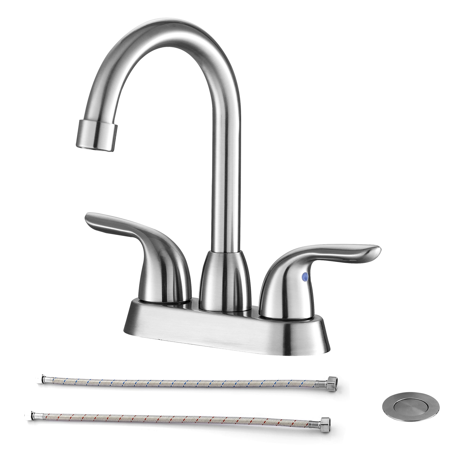 4 Inch 2 Handle Centerset Bathroom Faucet,With Pop Up Drain And 2 Water Supply Lines,Brushed Nickel Brushed Nickel Stainless Steel