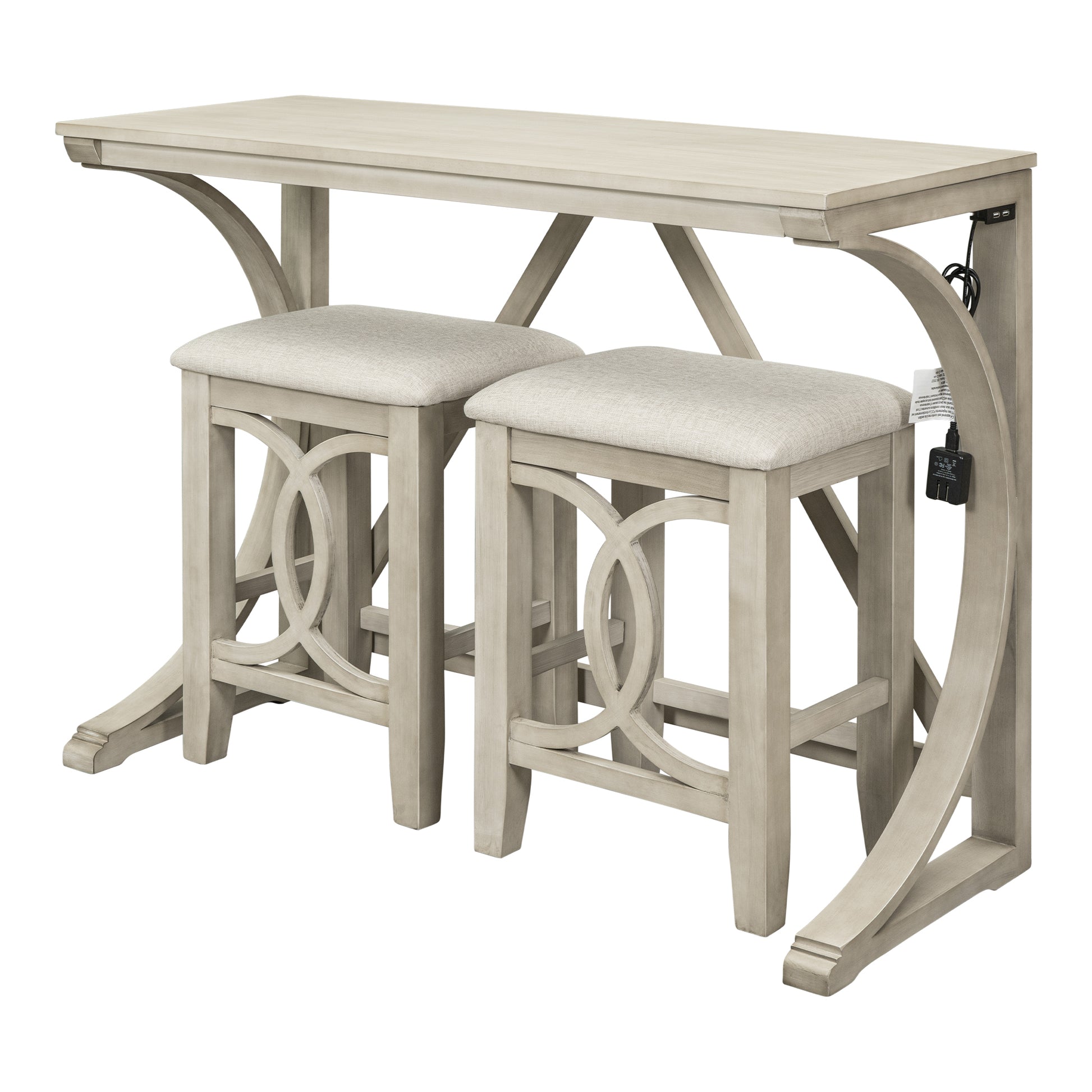 Farmhouse 3 Piece Counter Height Dining Table Set With Usb Port And Upholstered Stools,Cream Wood Wood Cream Seats 2 Wood Dining Room Solid Wood Farmhouse Rubberwood Trestle Rectangular Foam Solid Wood