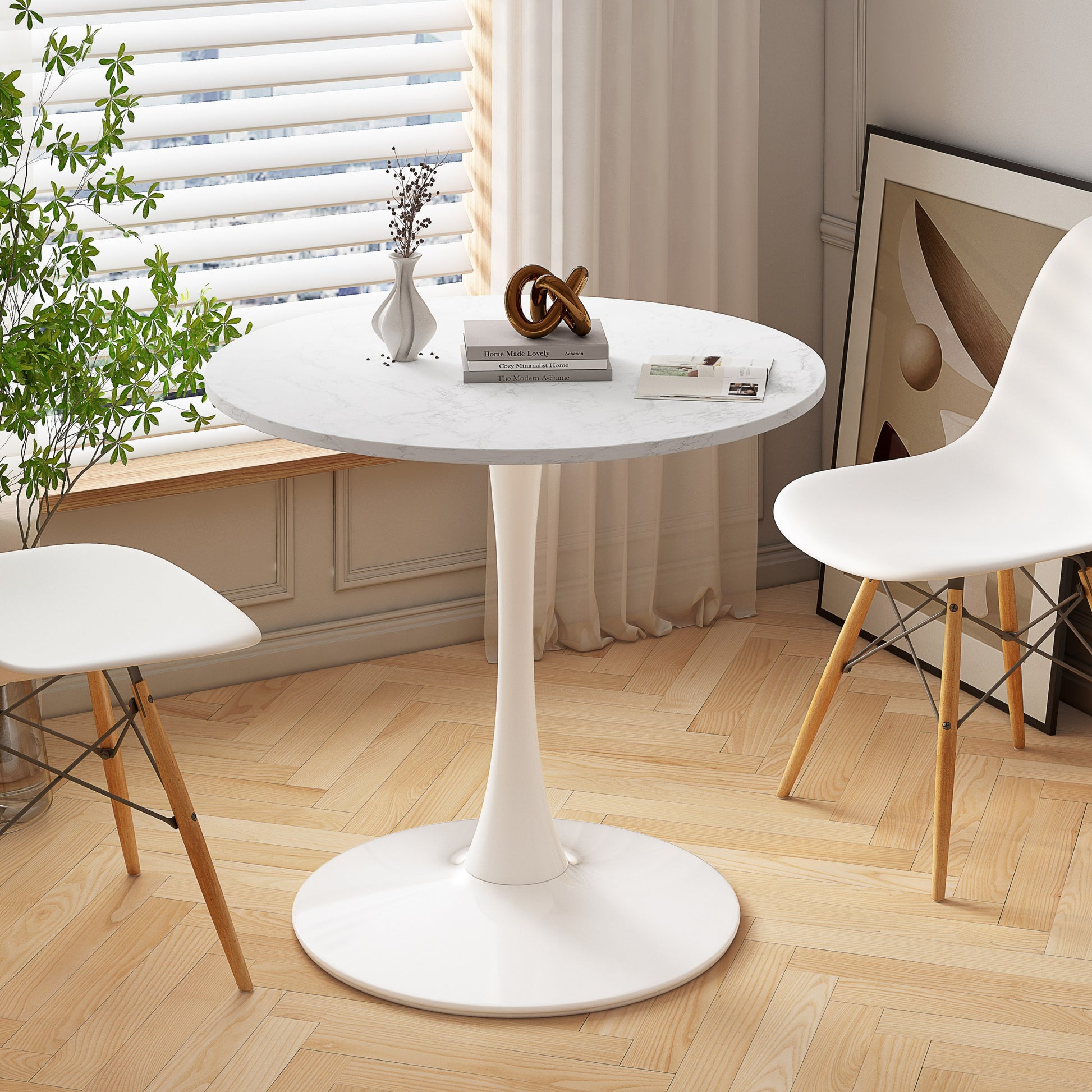 32"Modern Round Dining Table With Printed White Marble Table Top,Metal Base Dining Table, End Table Leisure Coffee Table Marble Mdf