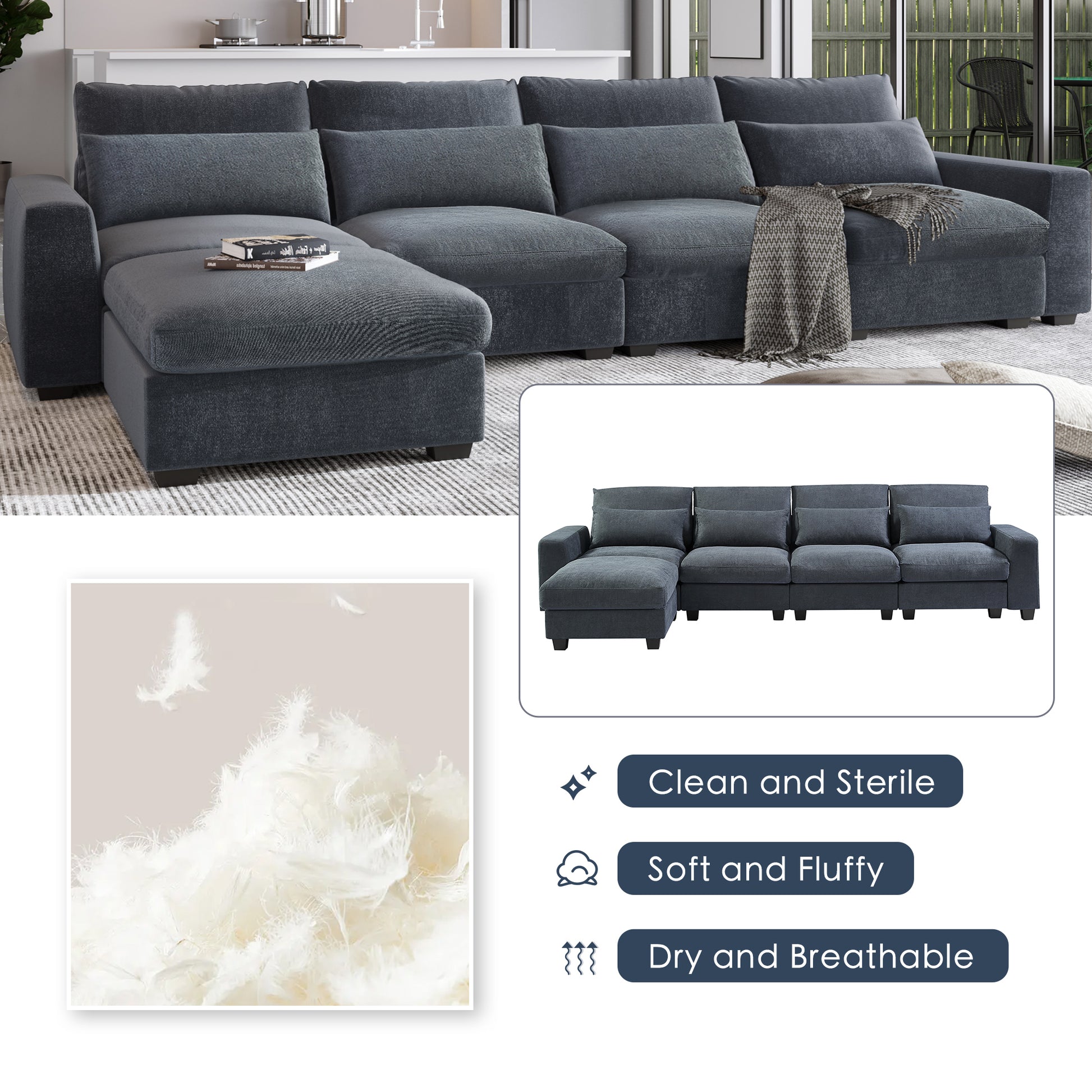 Modern Large L Shape Feather Filled Sectional Sofa, Convertible Sofa Couch With Reversible Chaise For Living Room Dark Gray Chenille 5 Seat