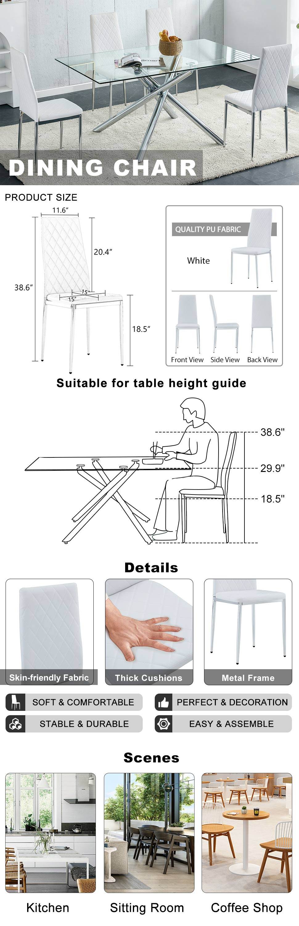 Grid Armless High Backrest Dining Chair, 8 Piece Set Of Silver Metal Legs White Chair, Office Chair. Suitable For Restaurants, Living Rooms, Kitchens, And Offices. 0924 White Pu