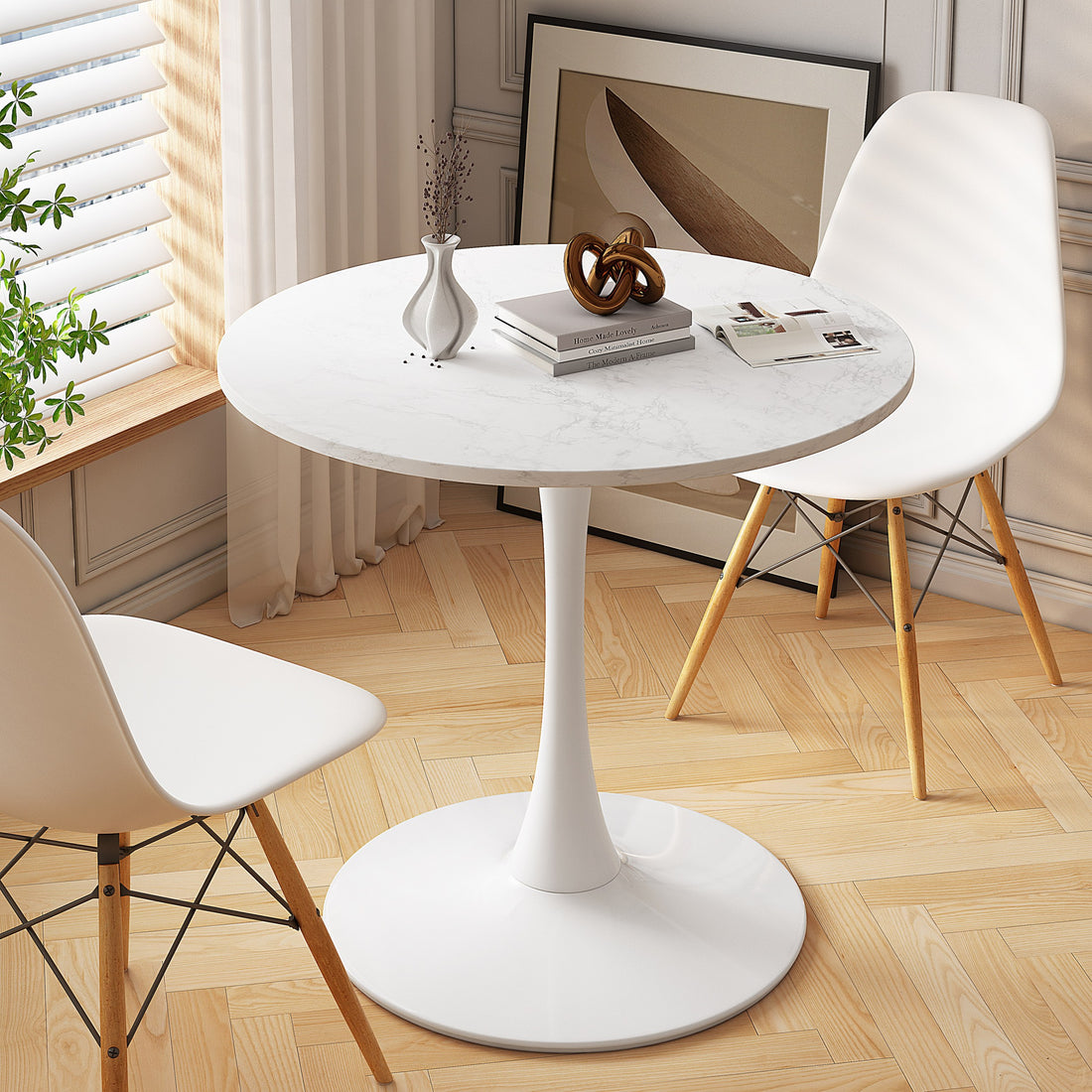 32"Modern Round Dining Table With Printed White Marble Table Top,Metal Base Dining Table, End Table Leisure Coffee Table Marble Mdf