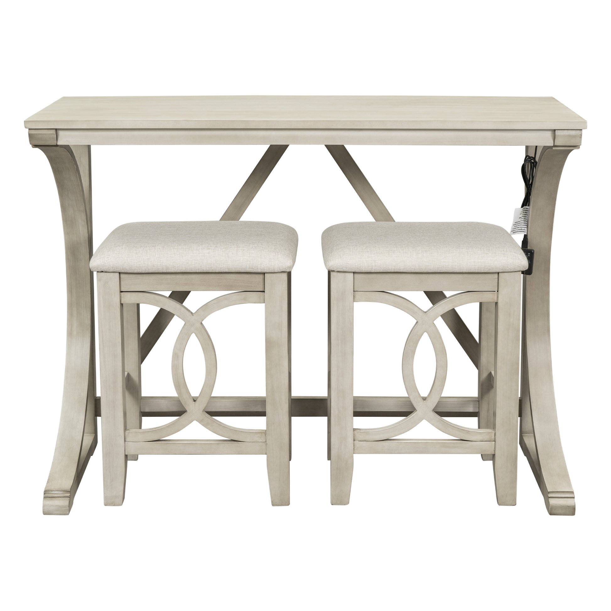 Farmhouse 3 Piece Counter Height Dining Table Set With Usb Port And Upholstered Stools,Cream Wood Wood Cream Seats 2 Wood Dining Room Solid Wood Farmhouse Rubberwood Trestle Rectangular Foam Solid Wood