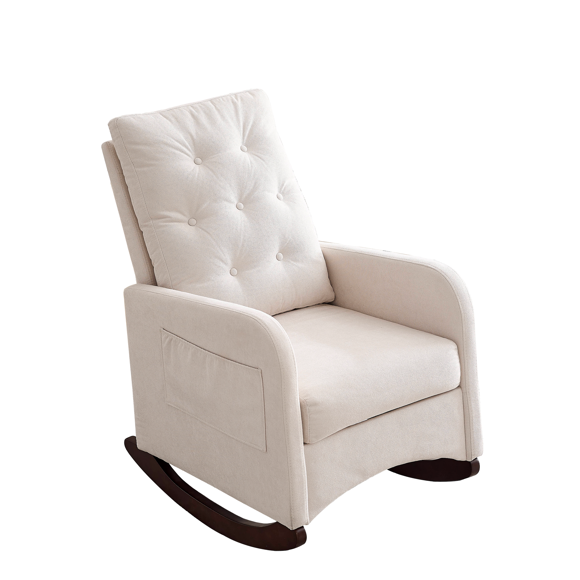 Video Welike 25.6"W Modern Accent High Backrest Living Room Lounge Arm Rocking Chair, Two Side Pocket Beige Foam Fabric