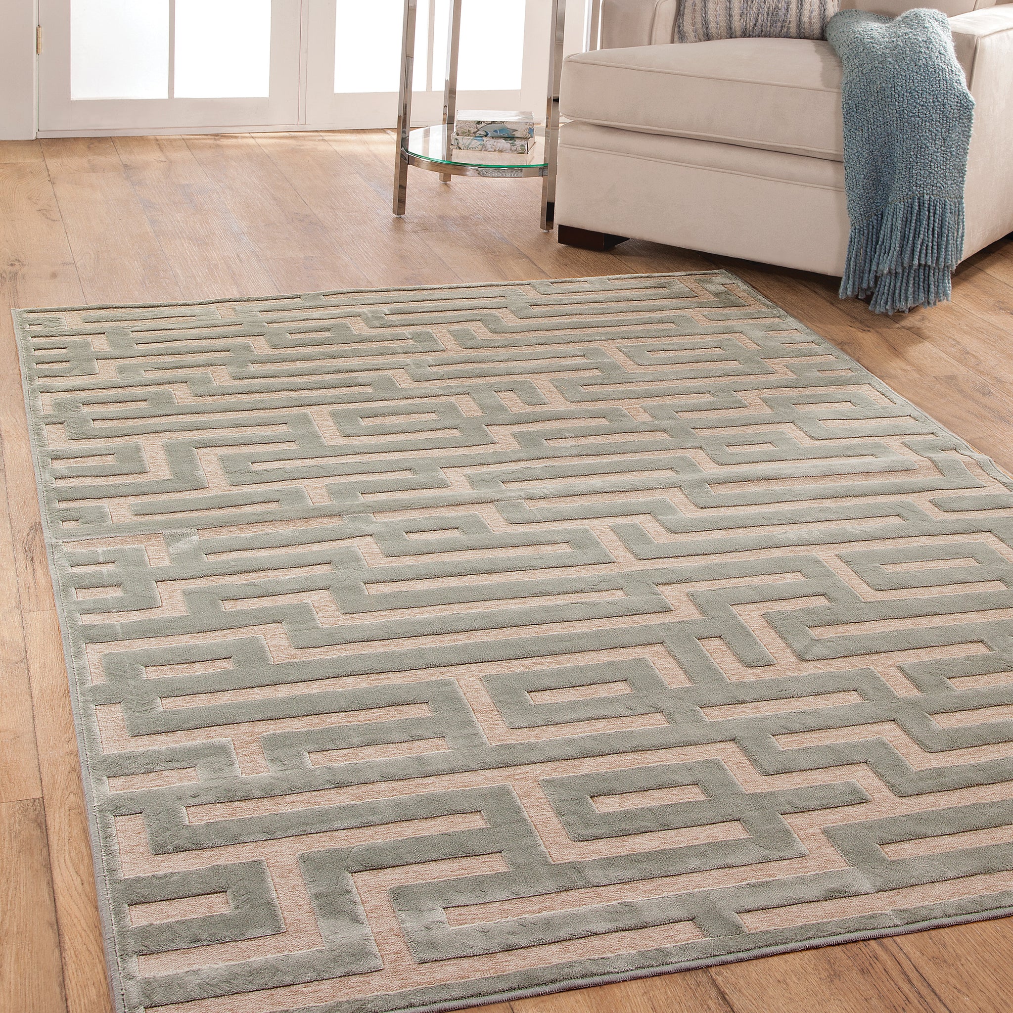 Maze Lt. Blue Grey Area Rug 8X10 Light Blue Chenille