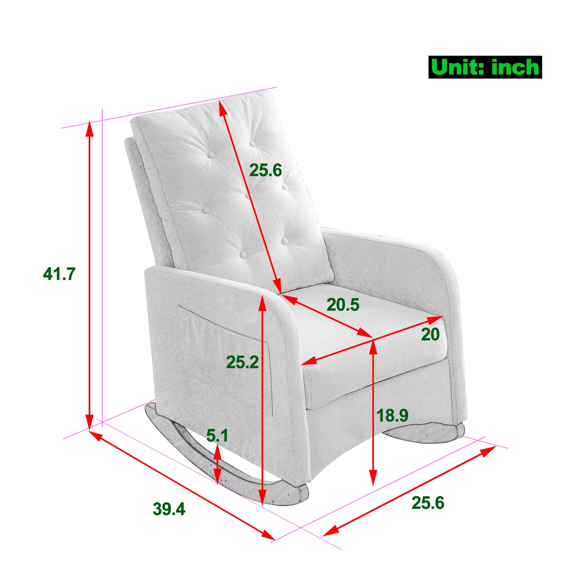 Video Welike 25.6"W Modern Accent High Backrest Living Room Lounge Arm Rocking Chair, Two Side Pocket Beige Foam Fabric