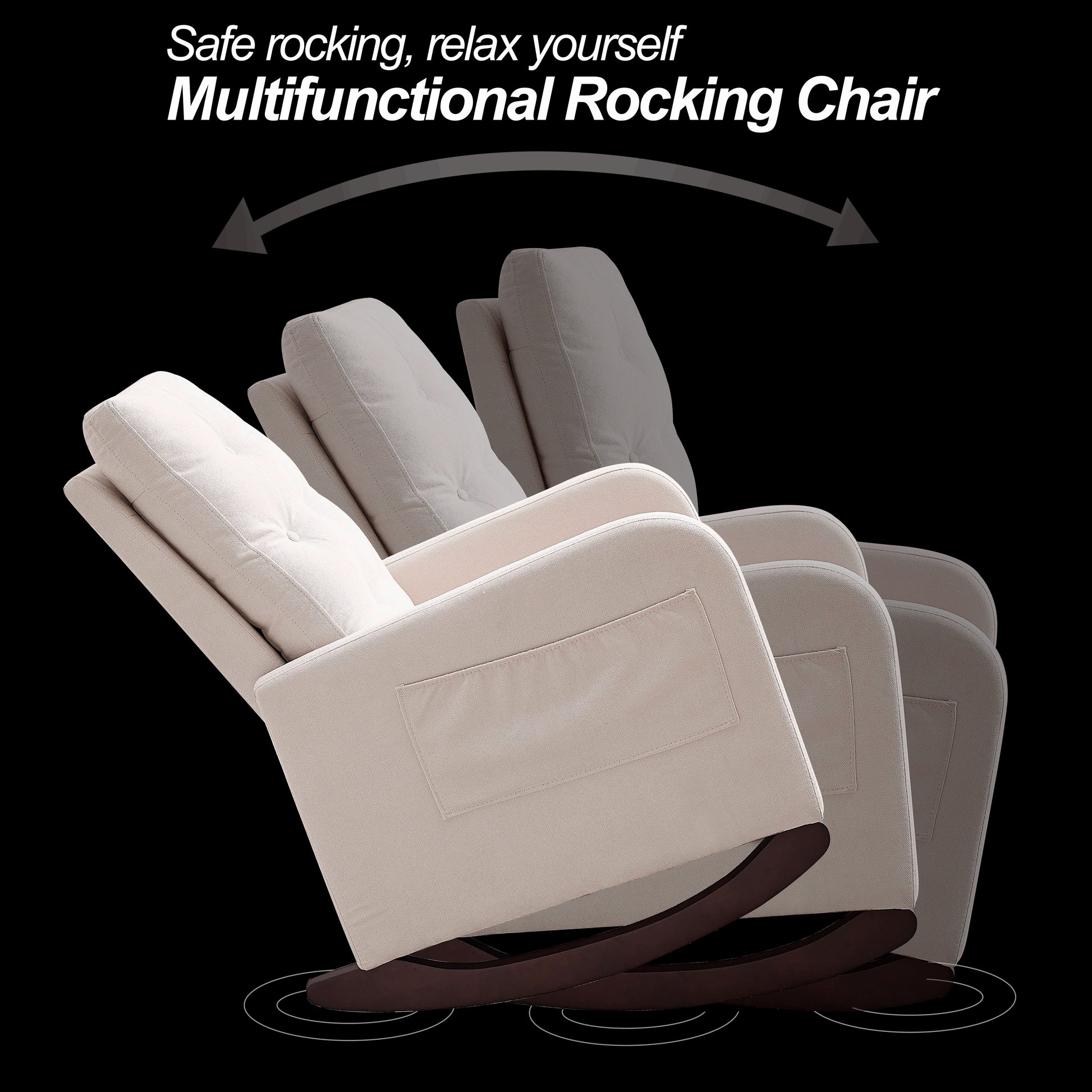 Video Welike 25.6"W Modern Accent High Backrest Living Room Lounge Arm Rocking Chair, Two Side Pocket Beige Foam Fabric