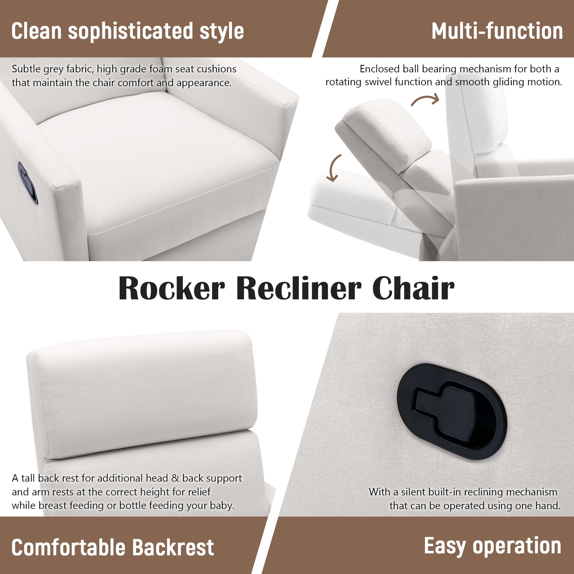 Modern Upholstered Rocker Nursery Chair Plush Seating Glider Swivel Recliner Chair, Beige Beige Linen