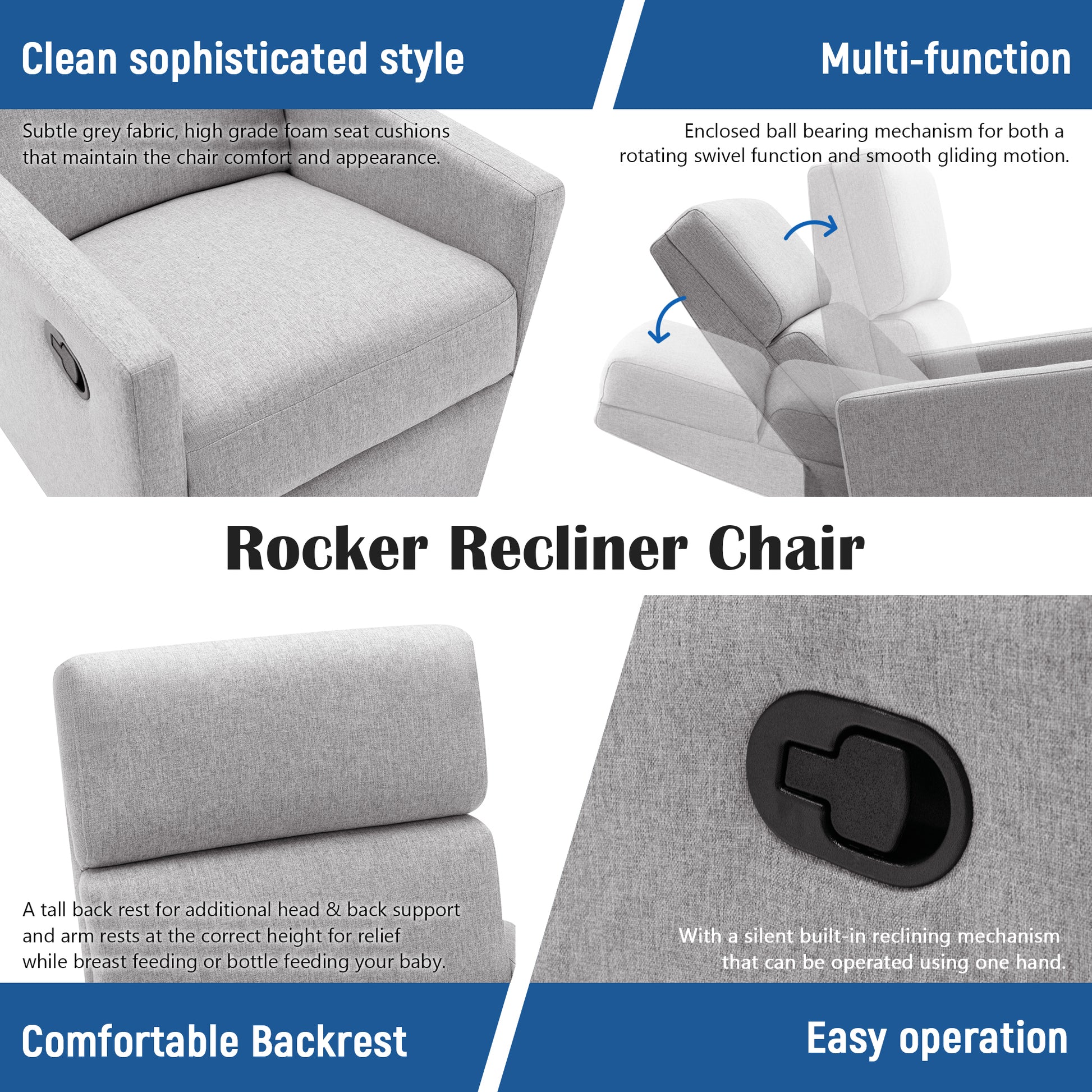 Modern Upholstered Rocker Nursery Chair Plush Seating Glider Swivel Recliner Chair, Gray Gray Linen