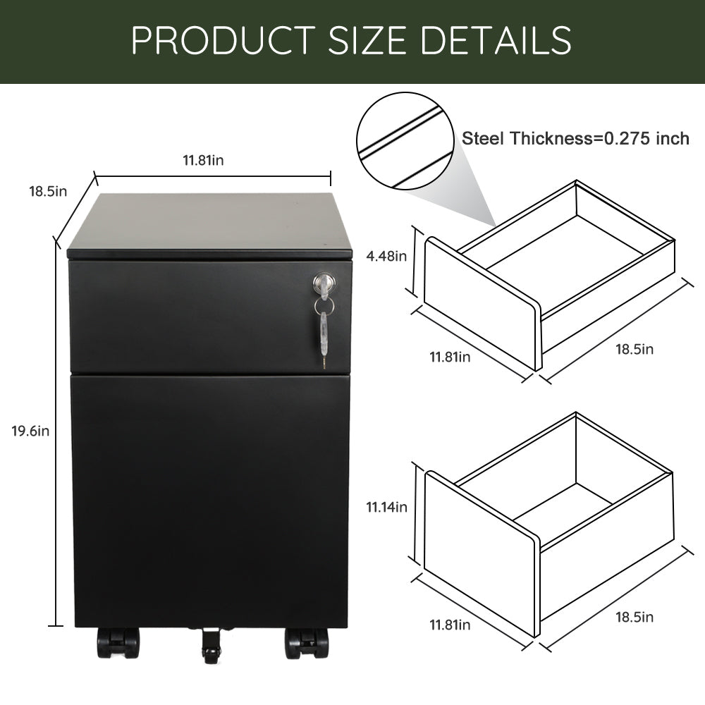 2 Drawer Mobile File Cabinet With Lock Metal