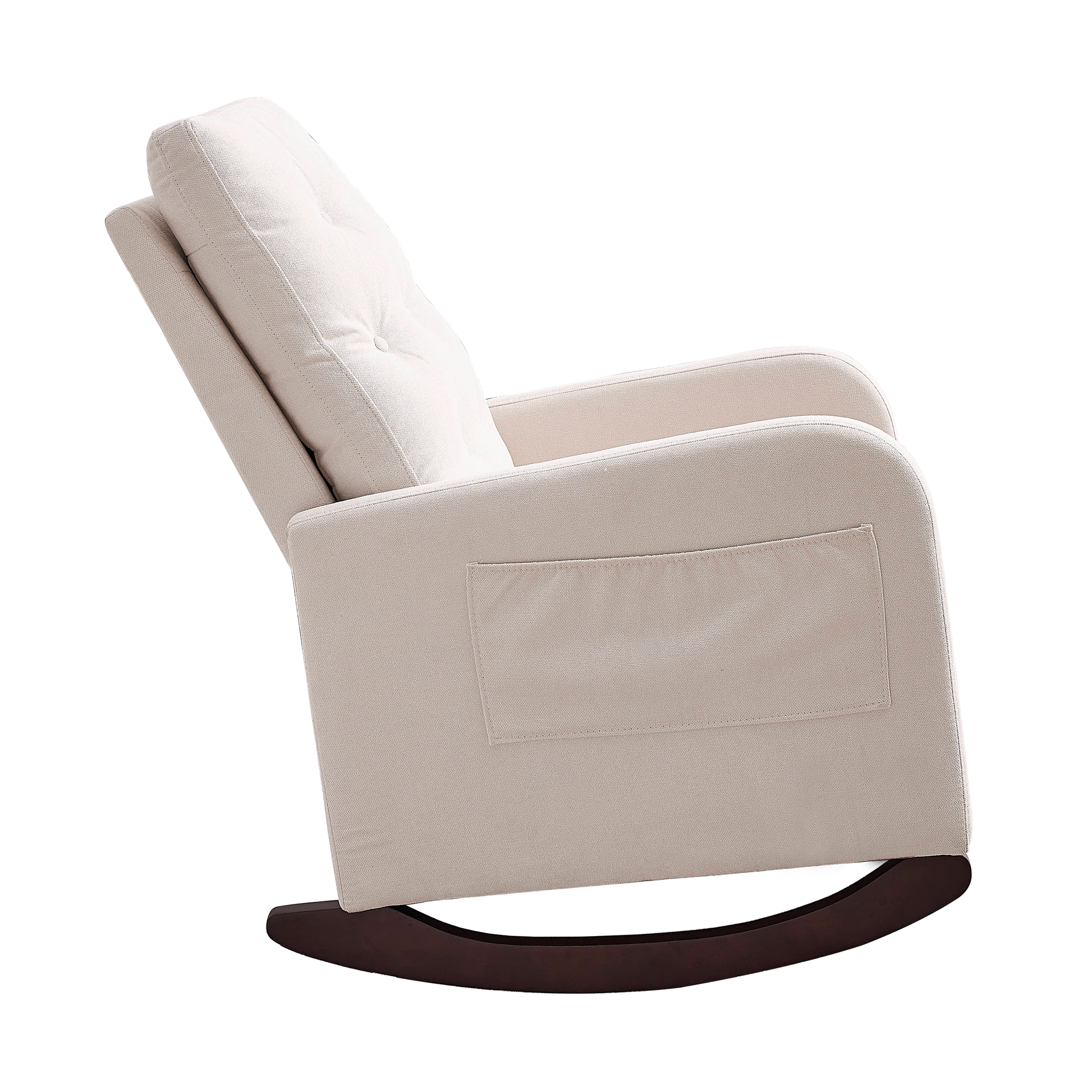 Video Welike 25.6"W Modern Accent High Backrest Living Room Lounge Arm Rocking Chair, Two Side Pocket Beige Foam Fabric