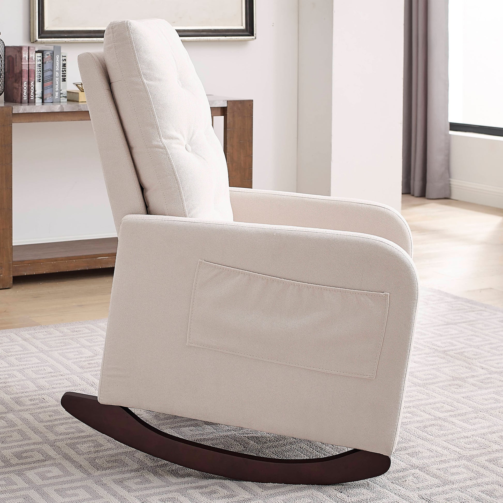 Video Welike 25.6"W Modern Accent High Backrest Living Room Lounge Arm Rocking Chair, Two Side Pocket Beige Foam Fabric