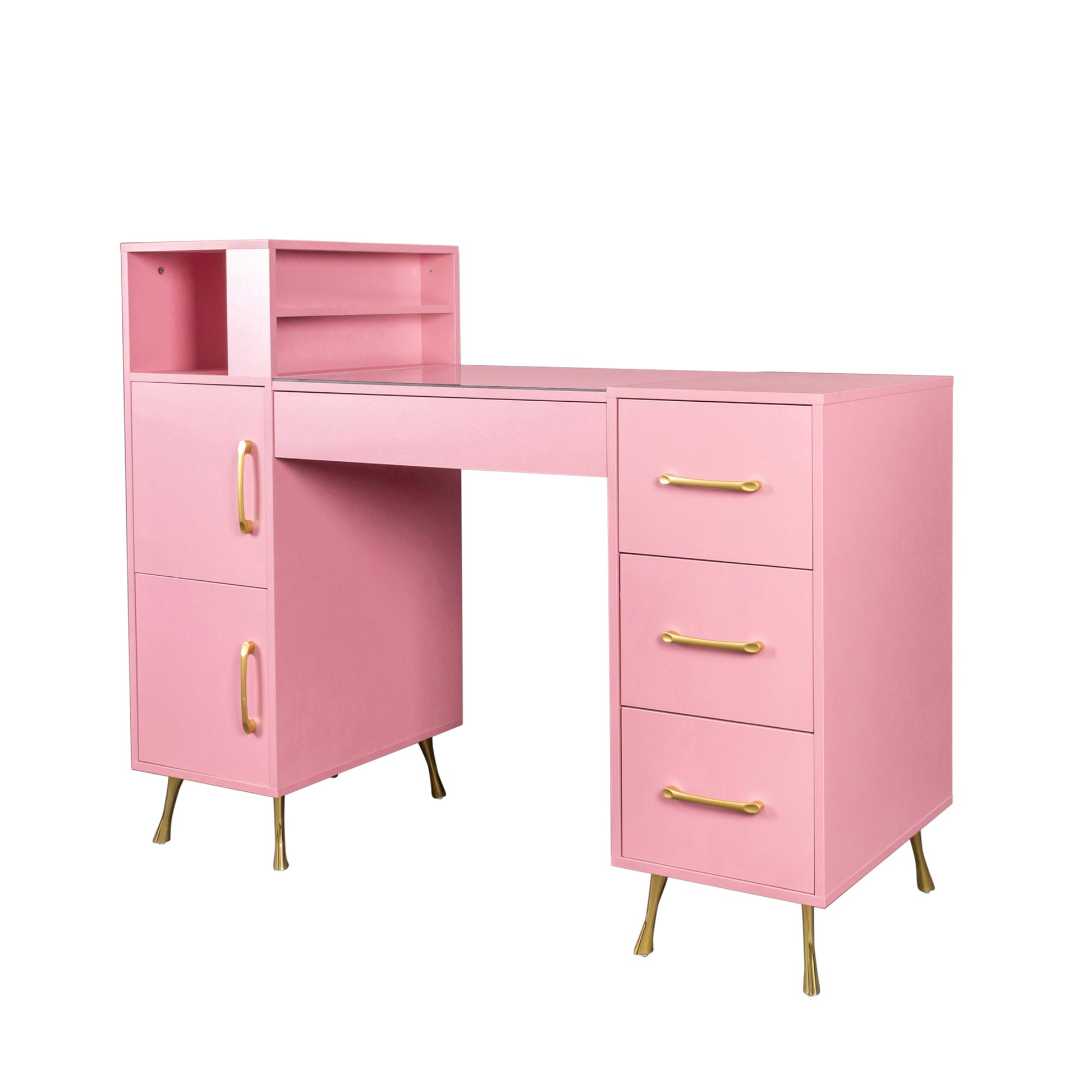 Manicure Table, Nail Makeup Desk With Drawers Pink Mdf