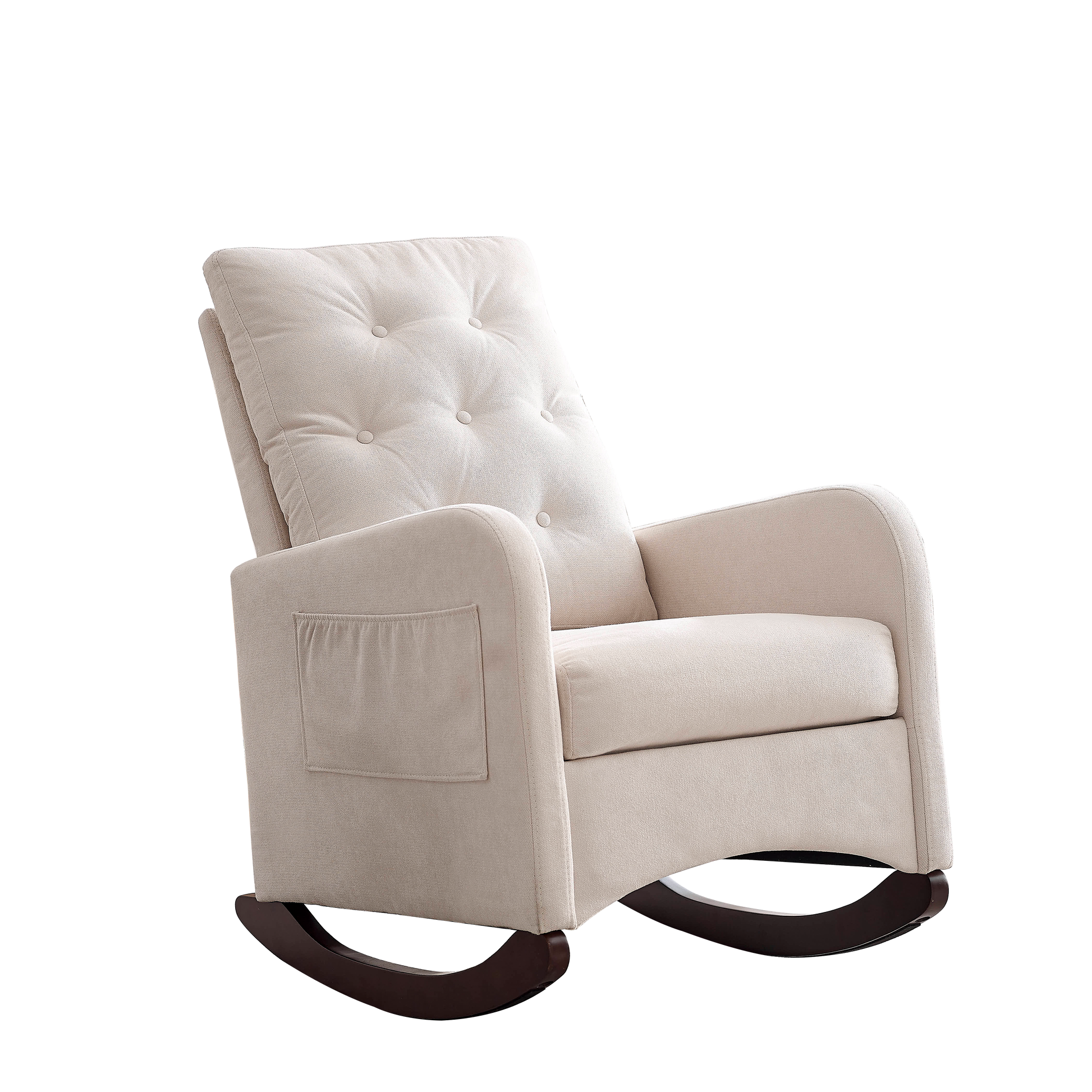 Video Welike 25.6"W Modern Accent High Backrest Living Room Lounge Arm Rocking Chair, Two Side Pocket Beige Foam Fabric