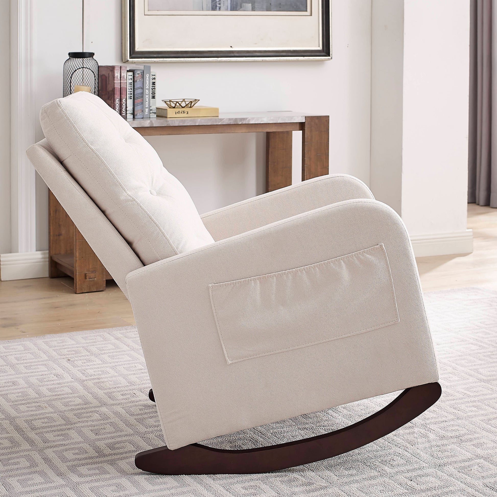 Video Welike 25.6"W Modern Accent High Backrest Living Room Lounge Arm Rocking Chair, Two Side Pocket Beige Foam Fabric