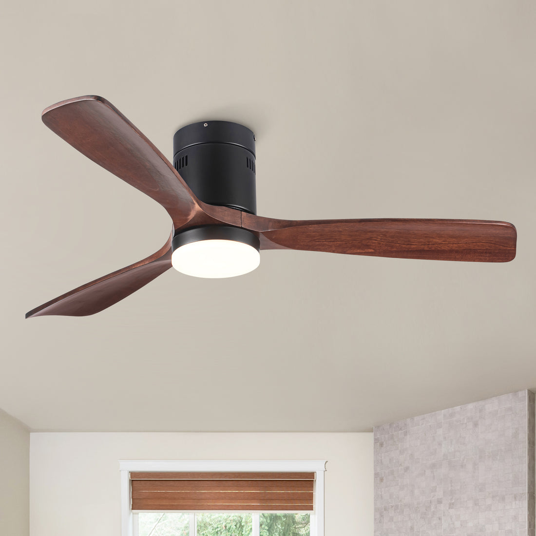 Flush Mount Ceiling Fan With Integrated Led Light In Solid Wood Blades Antique Brown Solid Wood