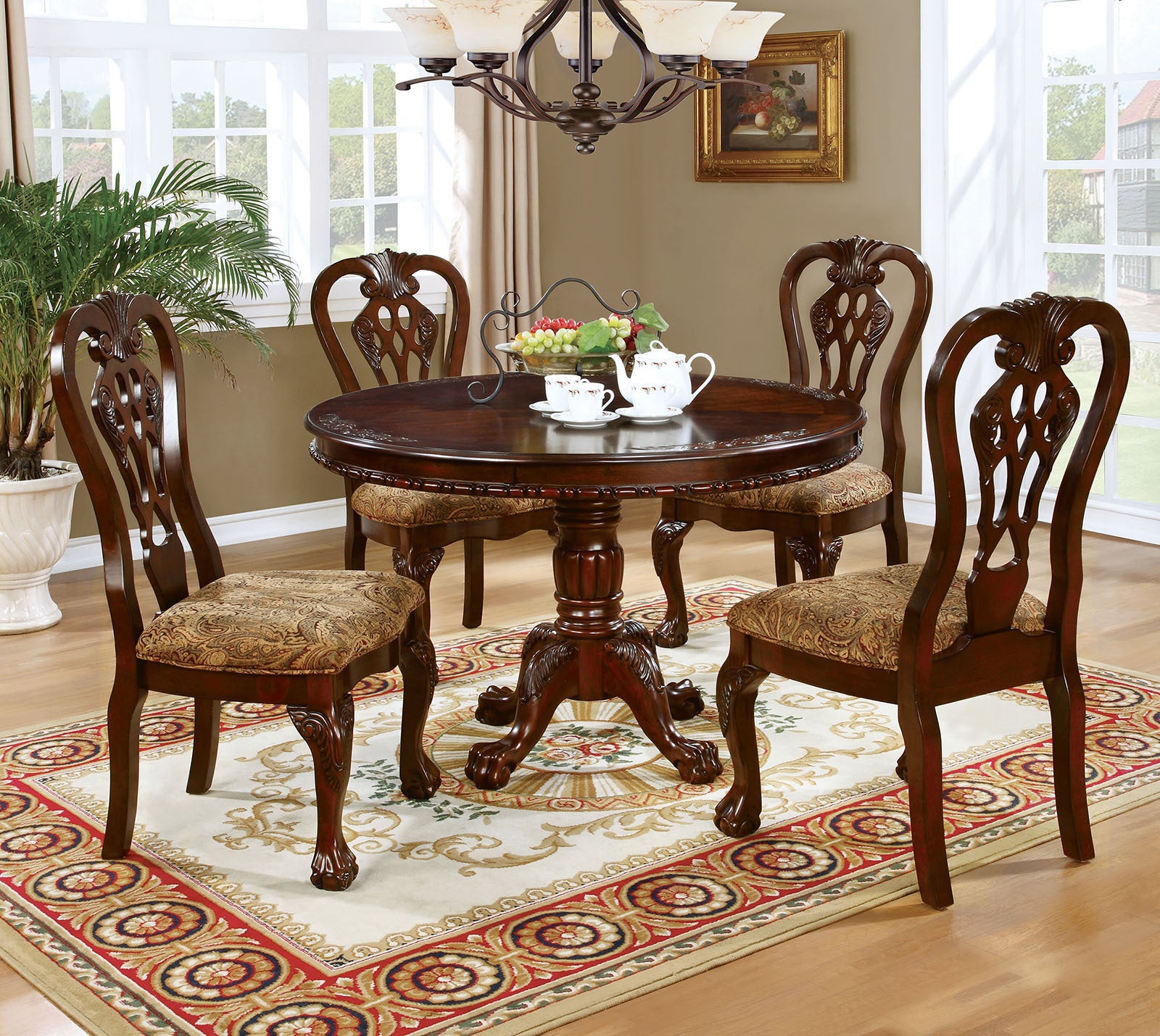 Formal Classic Traditional Dining Chairs Cherry Solid Wood Da Print Fabric Seat Intricate Back Design Ball & Claw Feet Set Of 2 Side Chairs Cherry Brown Dining Room Classic,Luxury,Traditional Dining Chairs Solid Wood