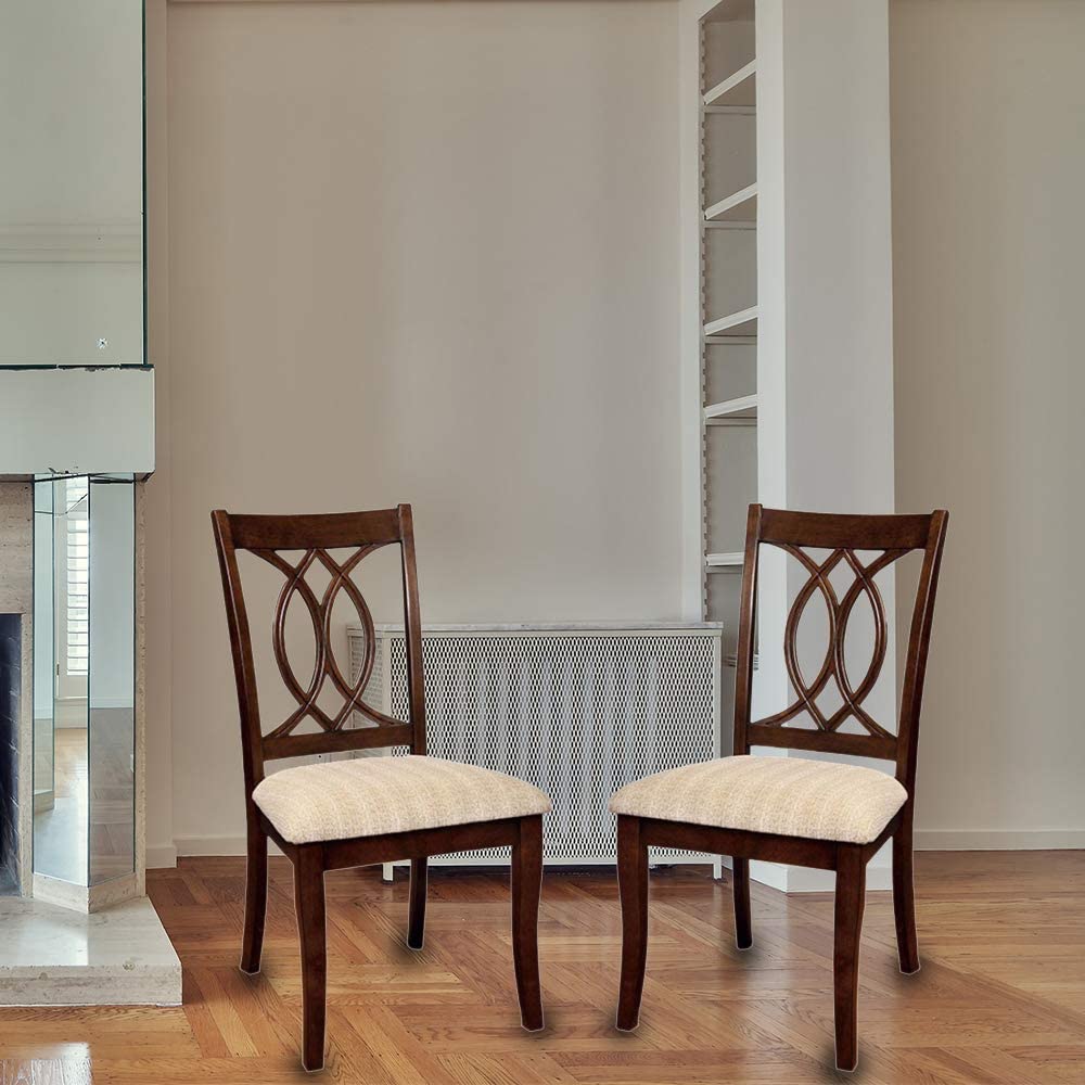 Classic Transitional Dining Chairs Brown Cherry Solid Wood Padded Fabric Seat Set Of 2 Side Chairs Dining Room Furniture Beautifully Crafted Chairs Cherry Brown Dining Room Classic,Traditional Dining Chairs Rubberwood Solid Wood